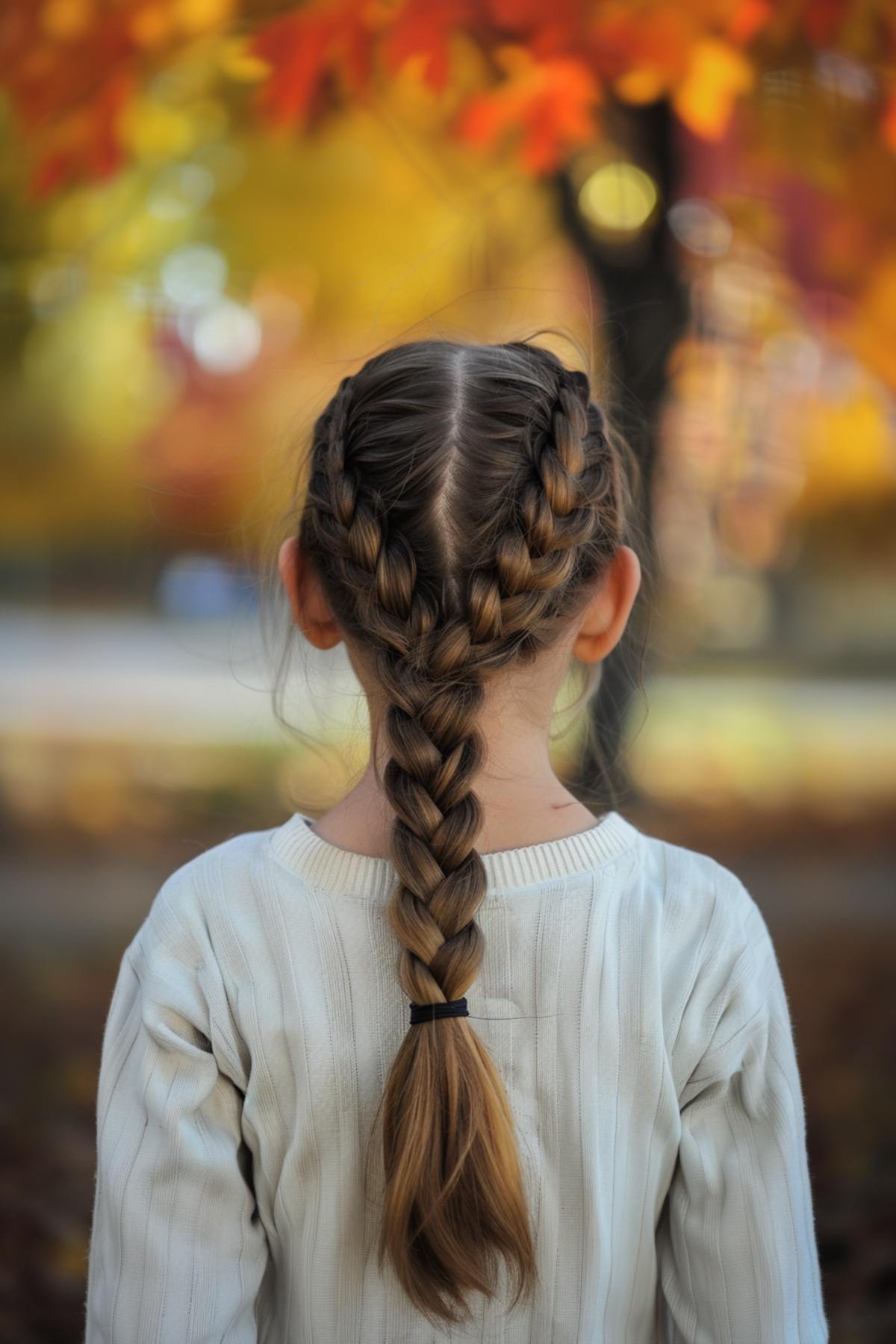 Young girl with double French braid hairstyle, wearing a white sweater