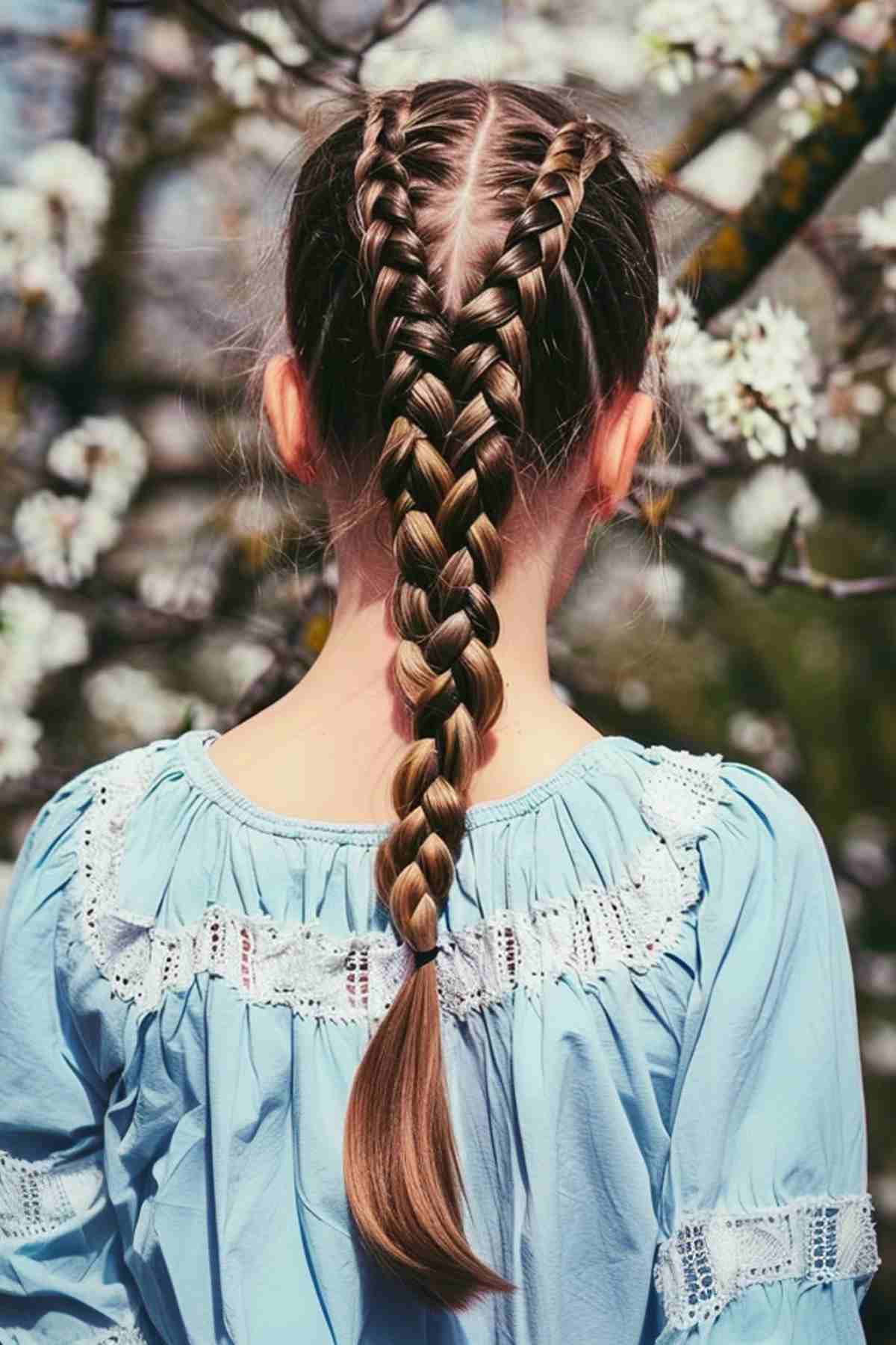 Girl with double French braids, wearing a blue top with lace trim