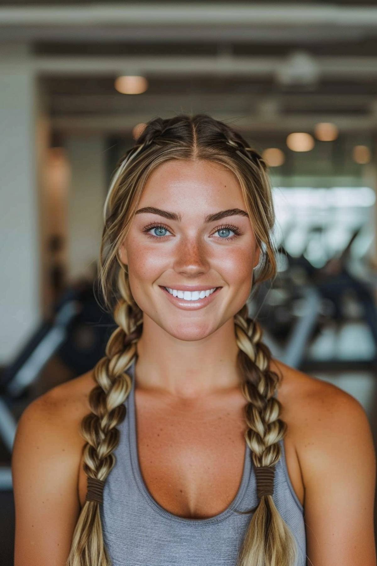 Double plait braids hairstyle for long hair, perfect for gym workouts