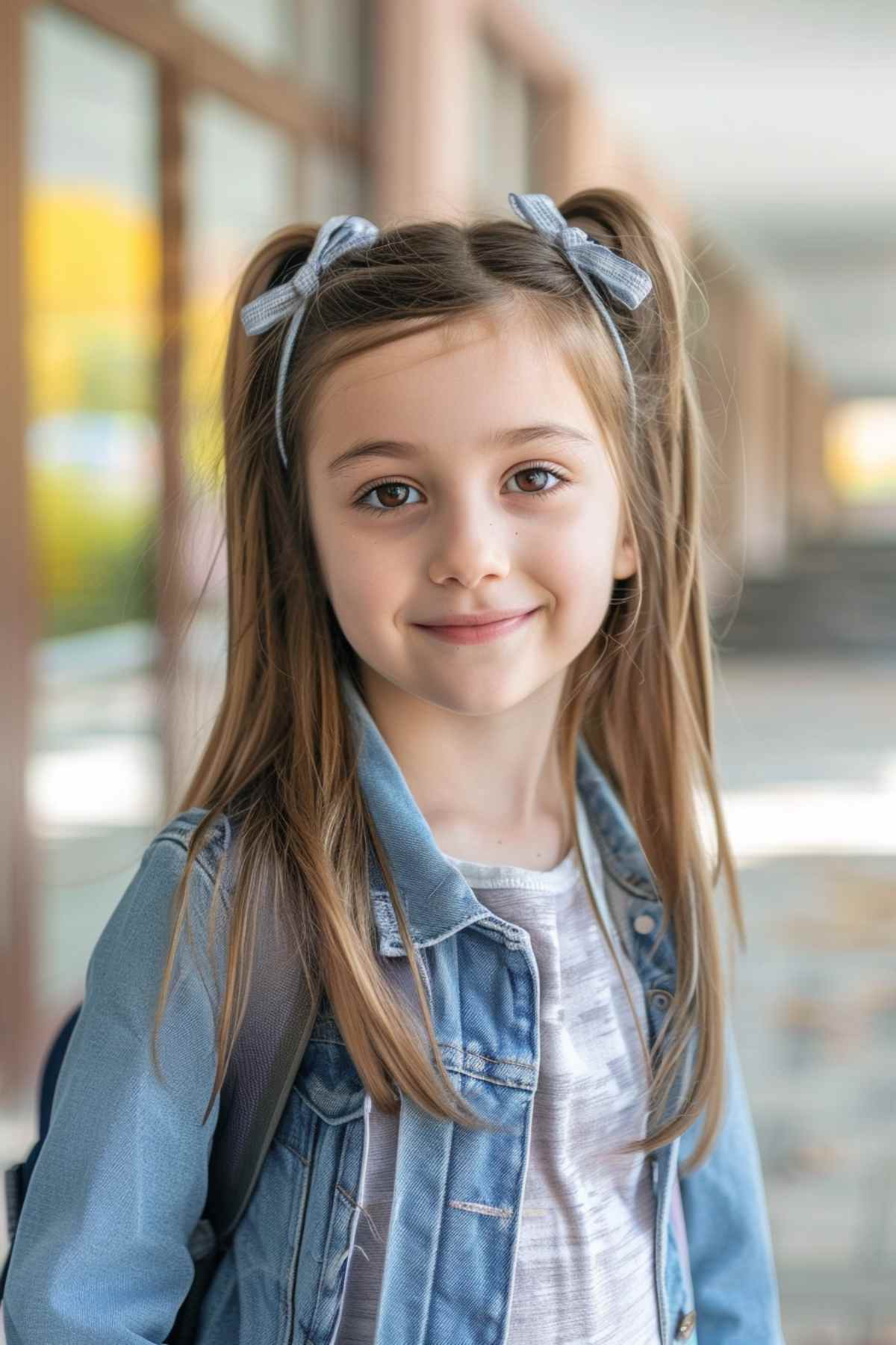 Young girl with double ponytails and bows, wearing a denim jacket and a gray shirt