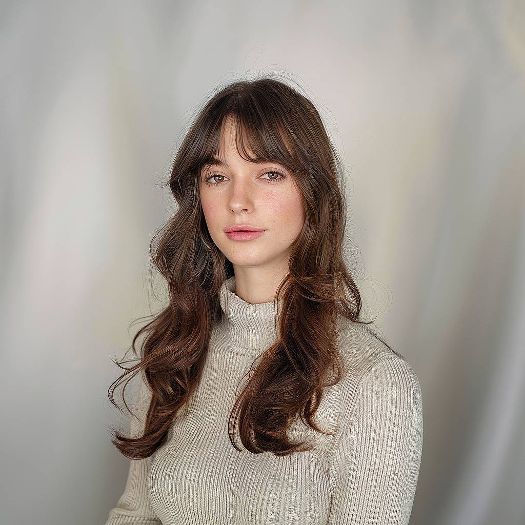 Long, cascading waves with blended curtain bangs, styled for soft movement and a luxe finish