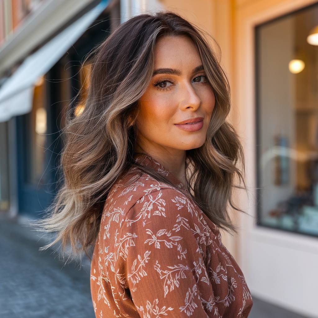 Mid-length brunette hair with soft balayage highlights for a naturally sun-kissed, dimensional look