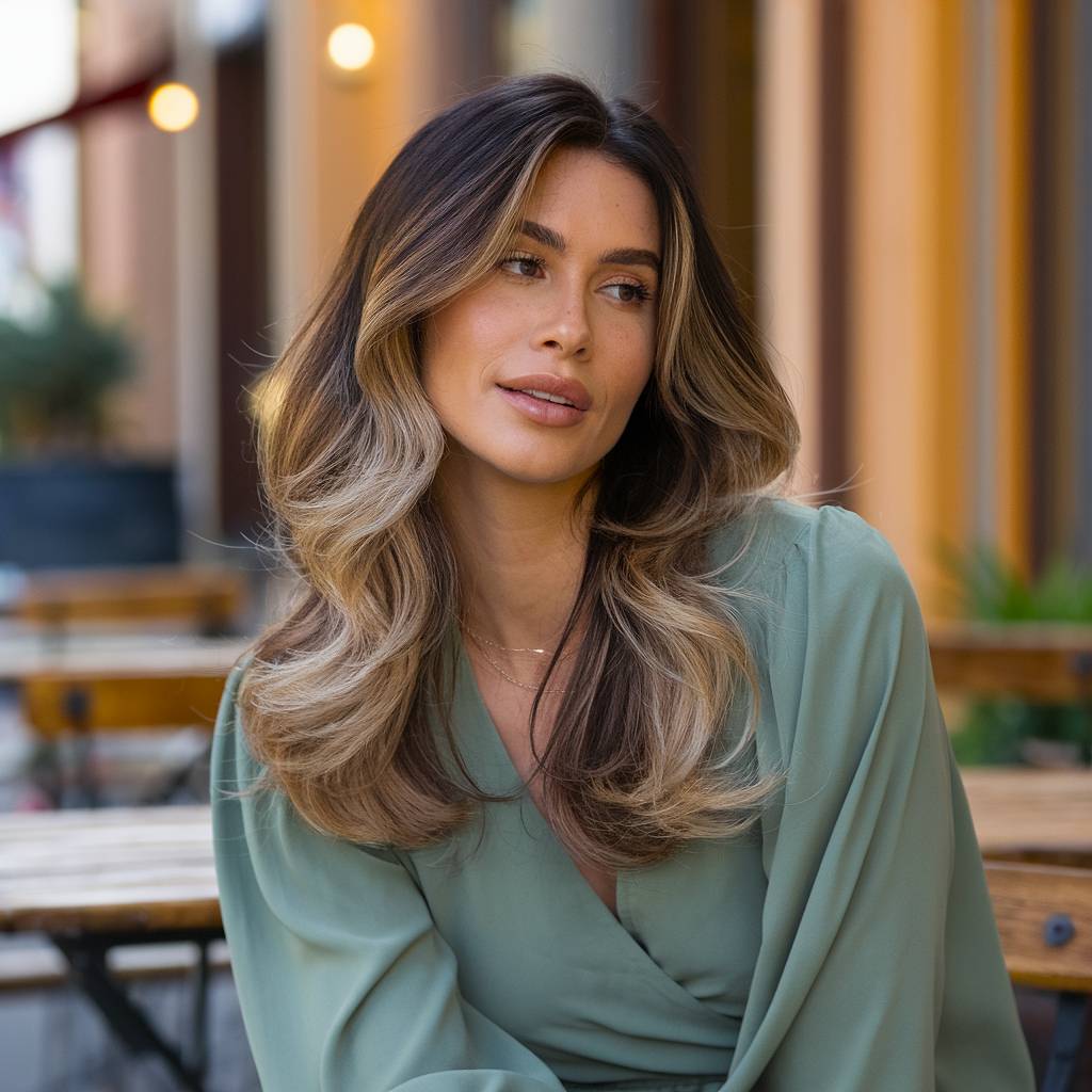 Long brunette waves with soft layering and blonde balayage for a voluminous, dreamy hairstyle