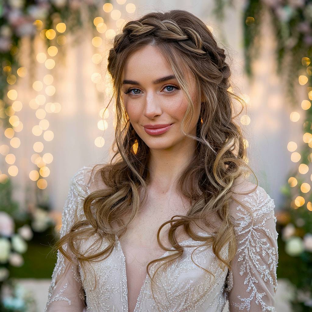 Half-up braided wedding hairstyle with soft, romantic curls, perfect for a dreamy bridal look