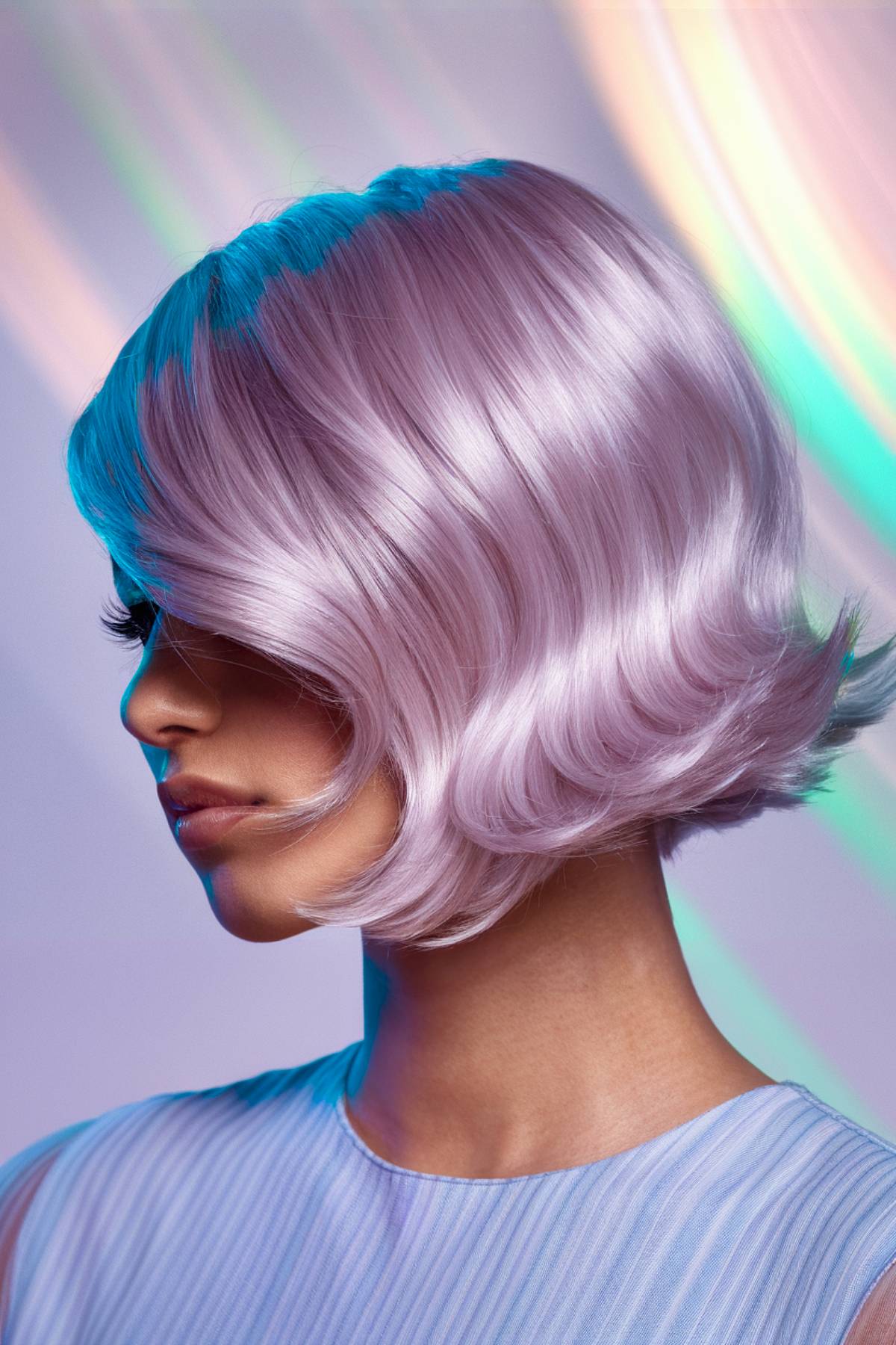 Dreamstone bob with a flowing, pastel-toned color wash in blush pink, silver, and opalescent white