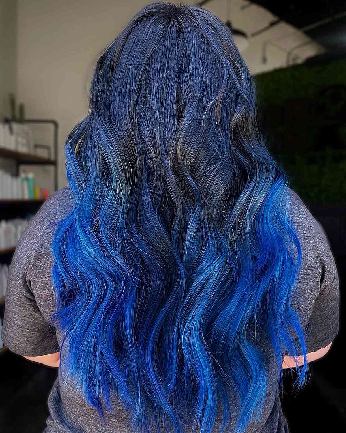 Dreamy Midnight to Vivid Blue Ombre for long hair