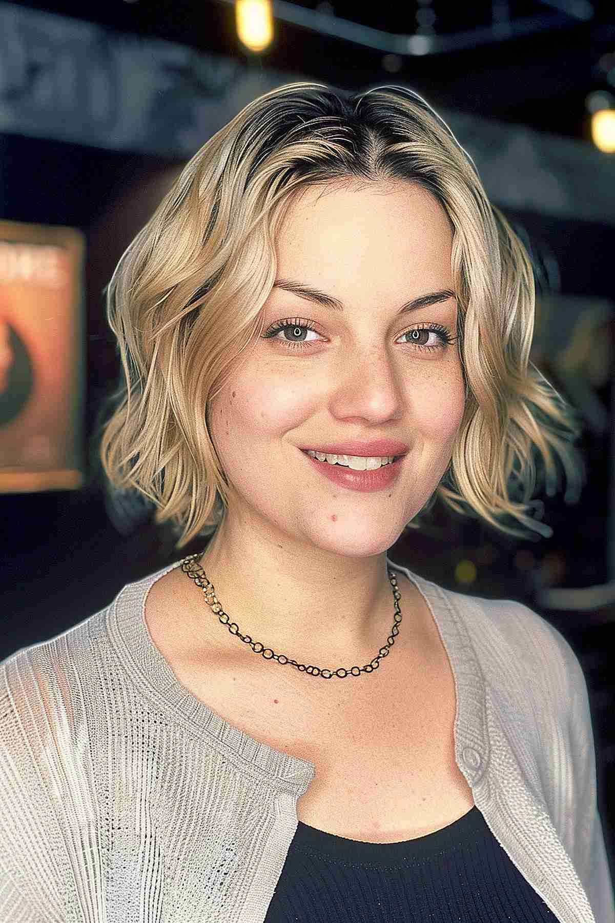 Drew Barrymore-inspired wavy bob with tousled waves and dark roots