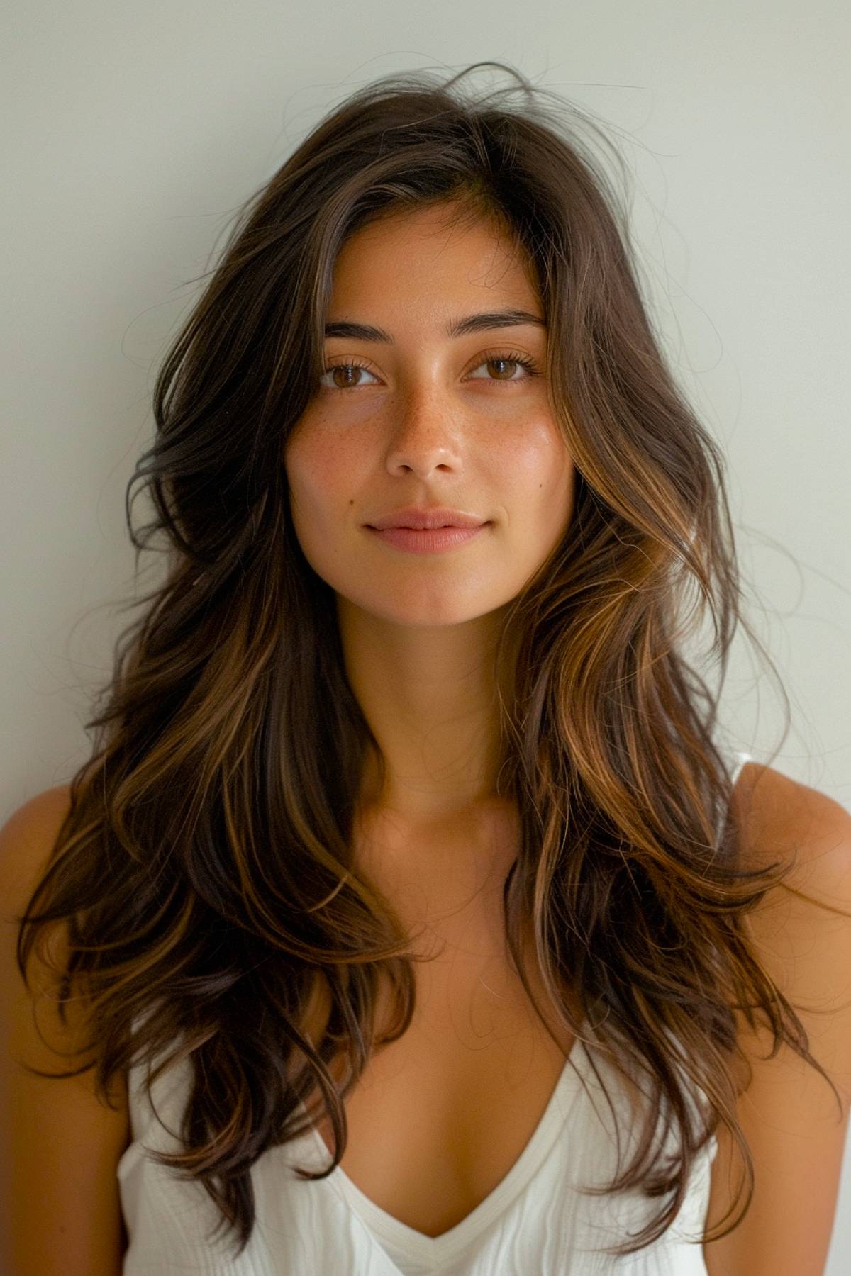 Effortless long layers with a relaxed side part for a natural, lived-in look.