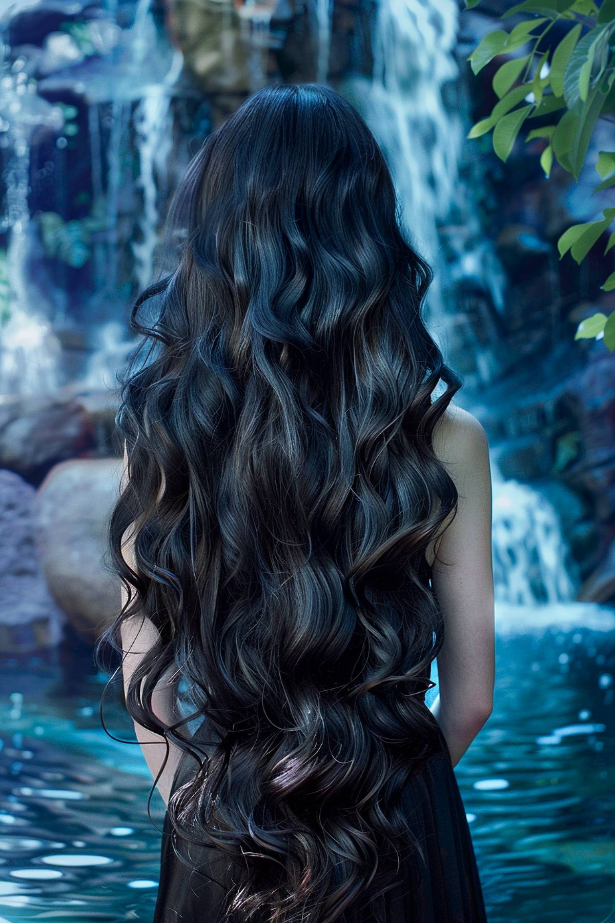 Cascading black waves with a glossy finish for long hair