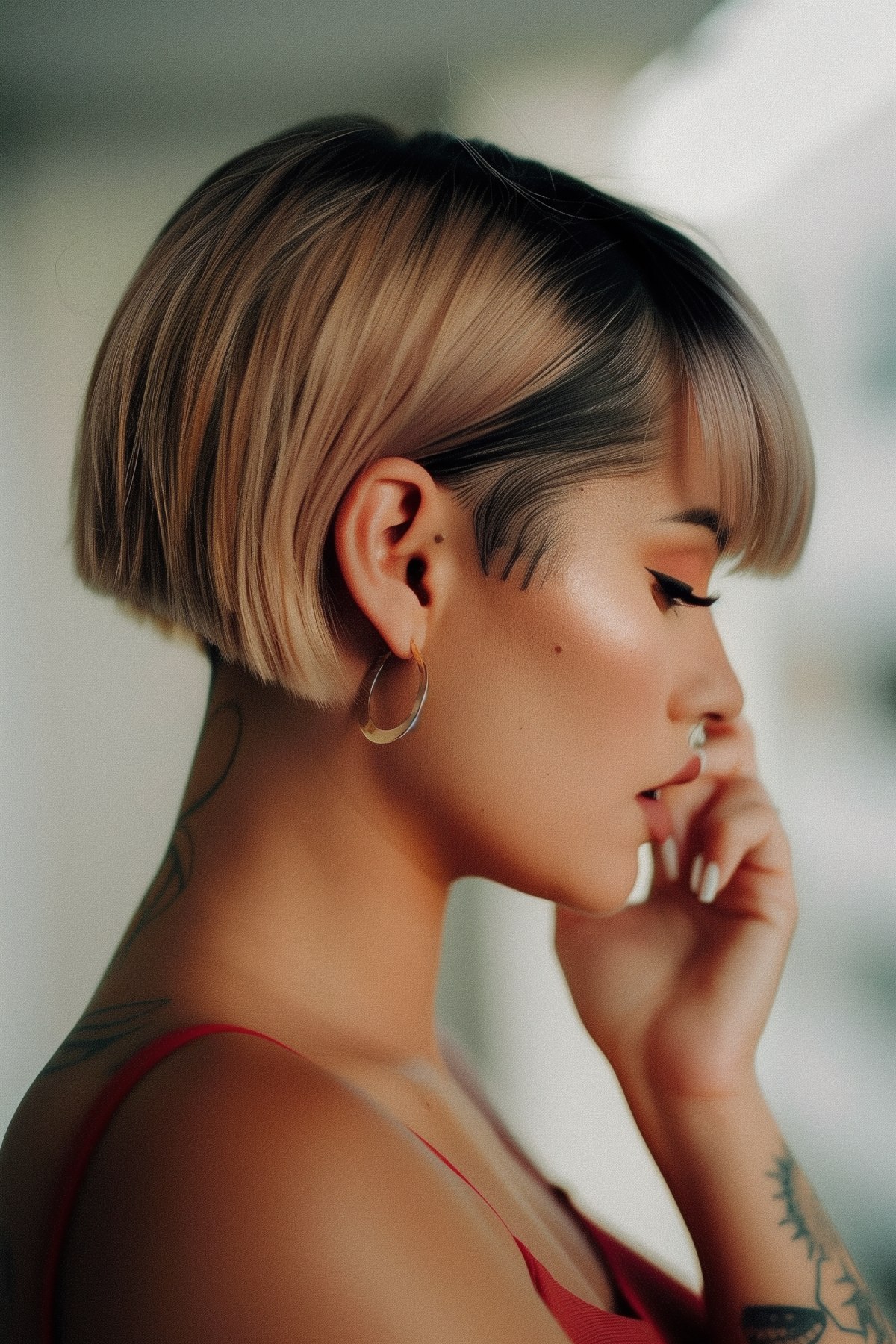 Short Undercut Bob with Blonde Top and Dark Sweeping Fringe