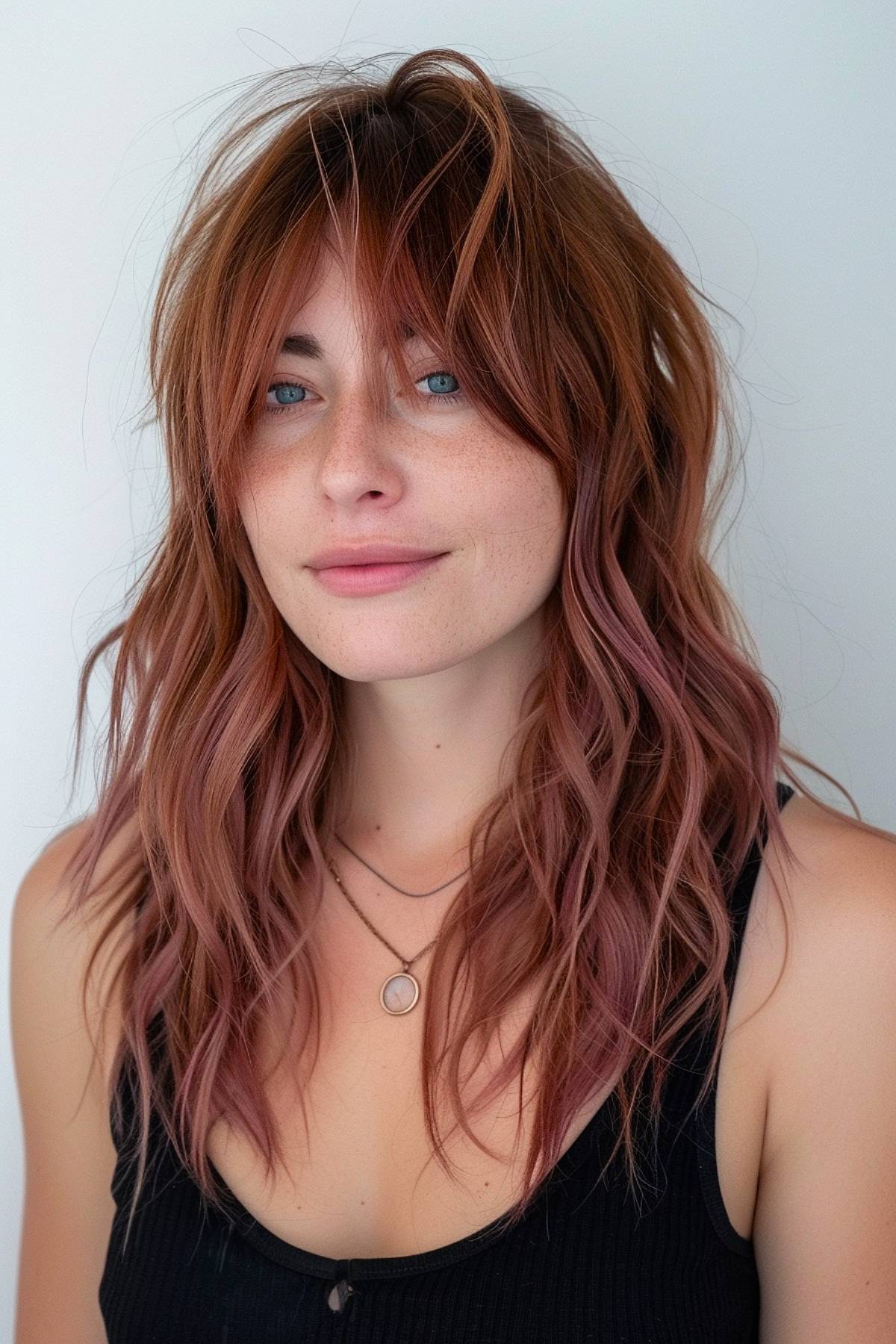 Long shag haircut with curtain bangs in dusty rose tones