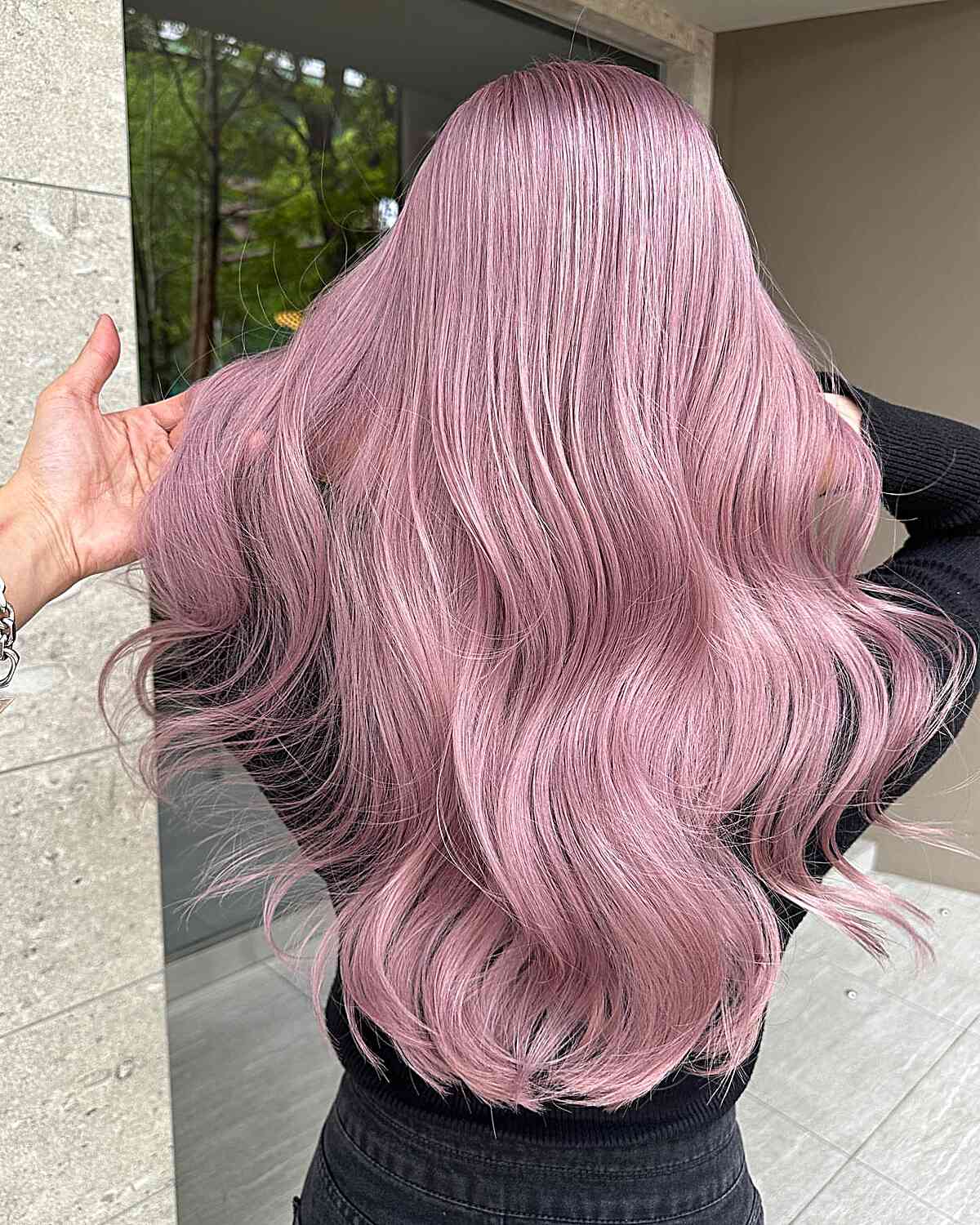 Long Dusty Pastel Pink Hair color for ladies with straight hair