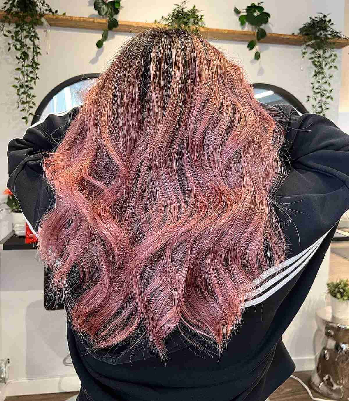 Dusty Pink Balayage on Wavy U-Cut Hair