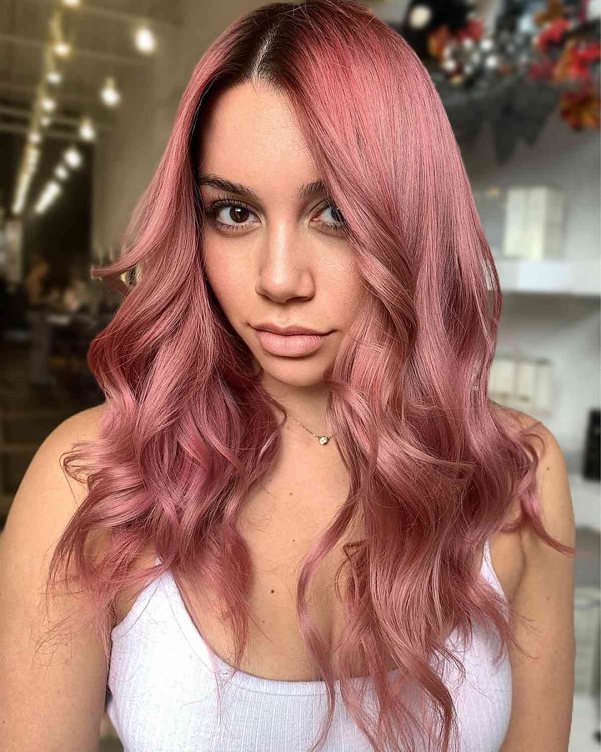 dusty rose gold with dark roots