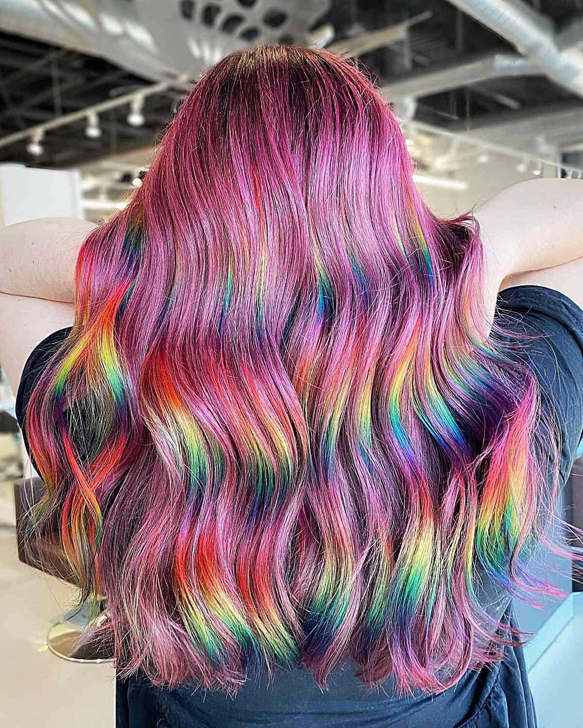 Dusty Rose with an Interior Rainbow Panel for girls with long lived-in hair