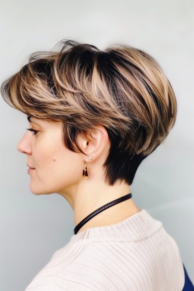 A Woman with dynamic blonde highlighted wedge haircut showing voluminous layers