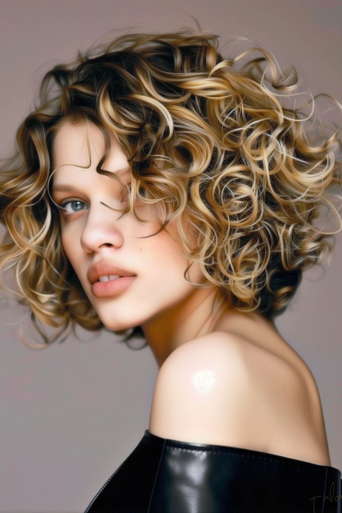 Jaw-length dynamic curly hairstyle with honeyed highlights