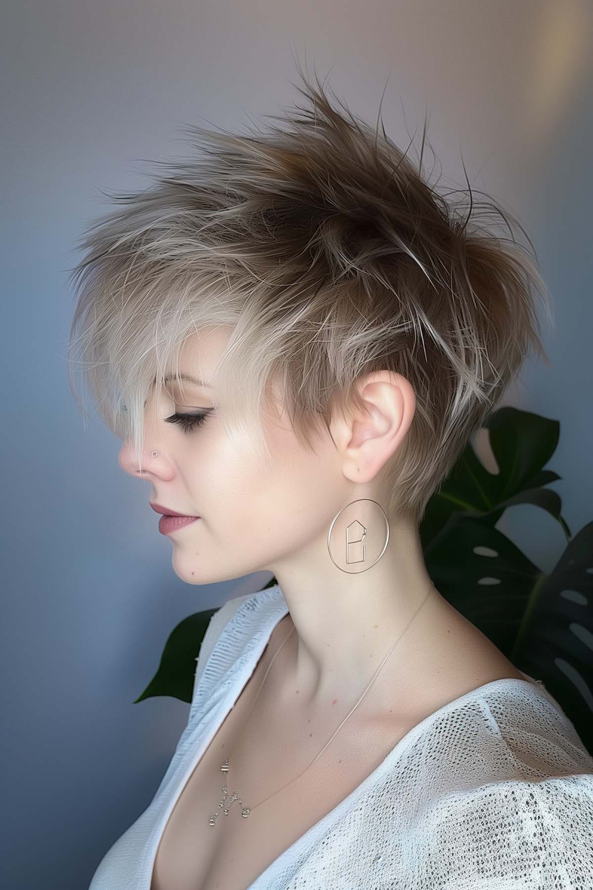 Young woman with a short, textured pixie haircut featuring a blonde tousled top and dark undercut