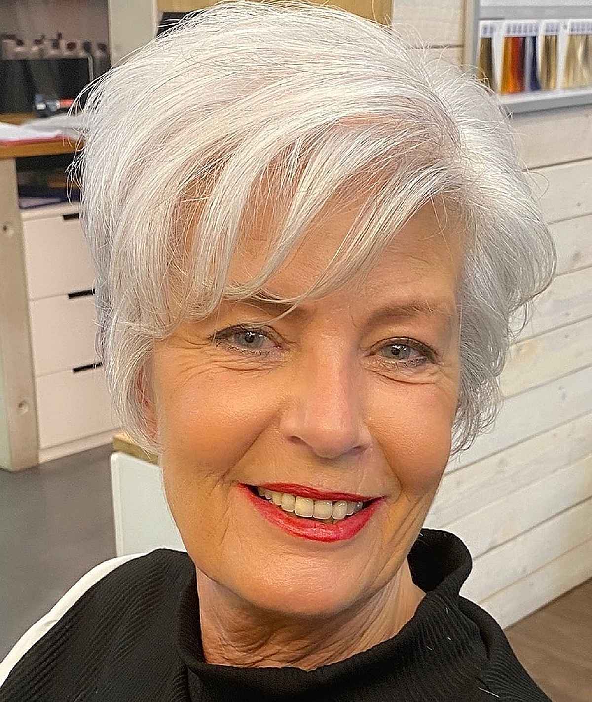 Ear-Length Crop with Side Bangs for 60 year old women