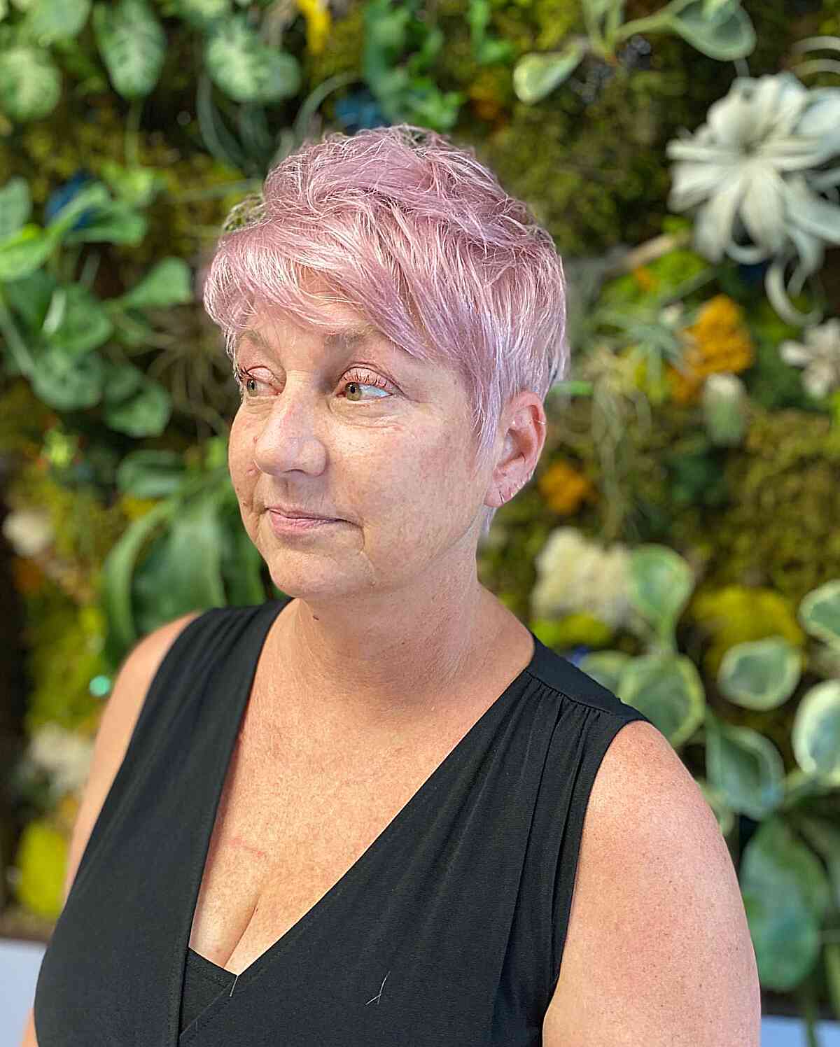 Ear-Level Textured Pixie Hair with Soft Purple Color for women past their 50s