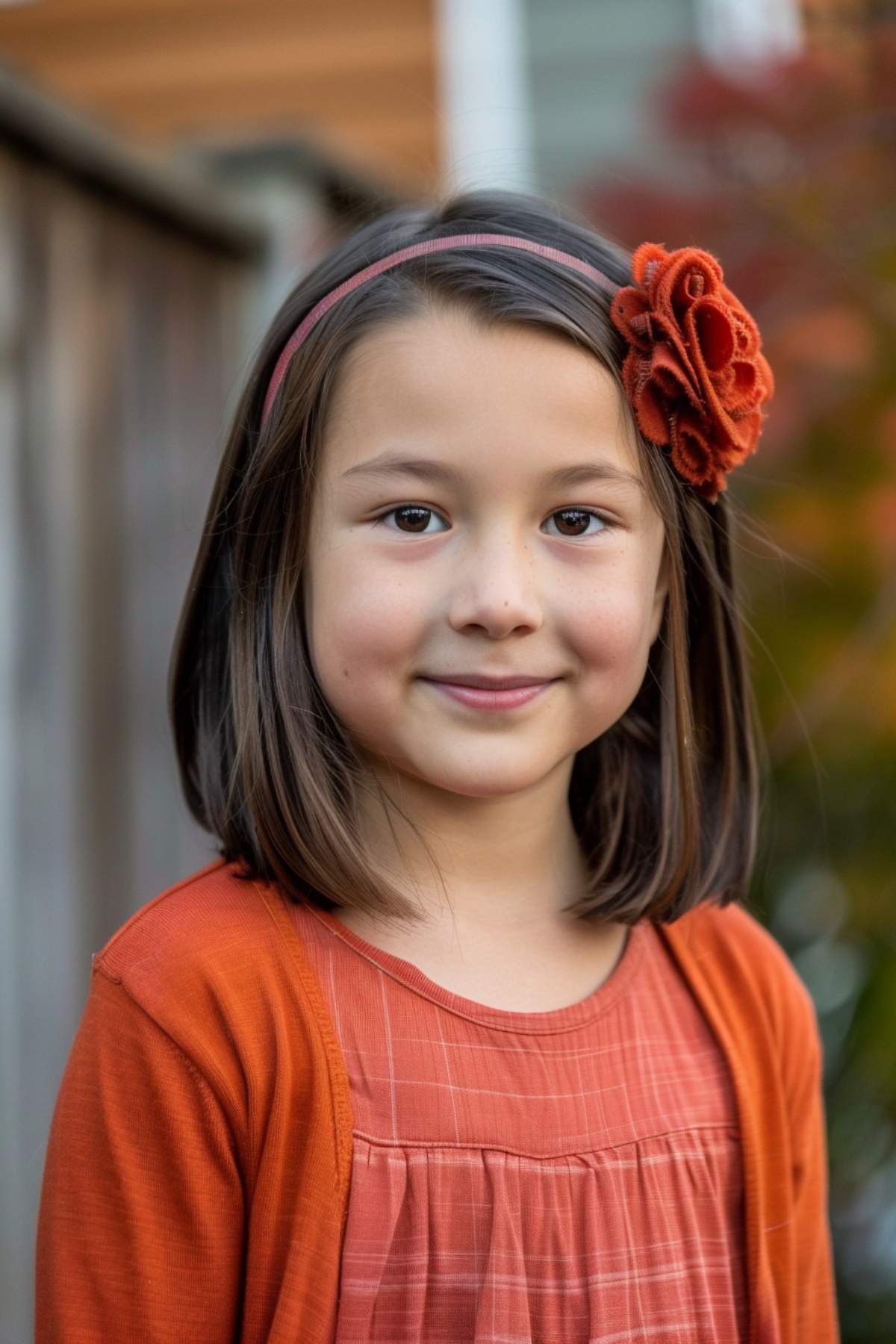 Young girl with an easy bob hairstyle and floral headband, wearing an orange outfit