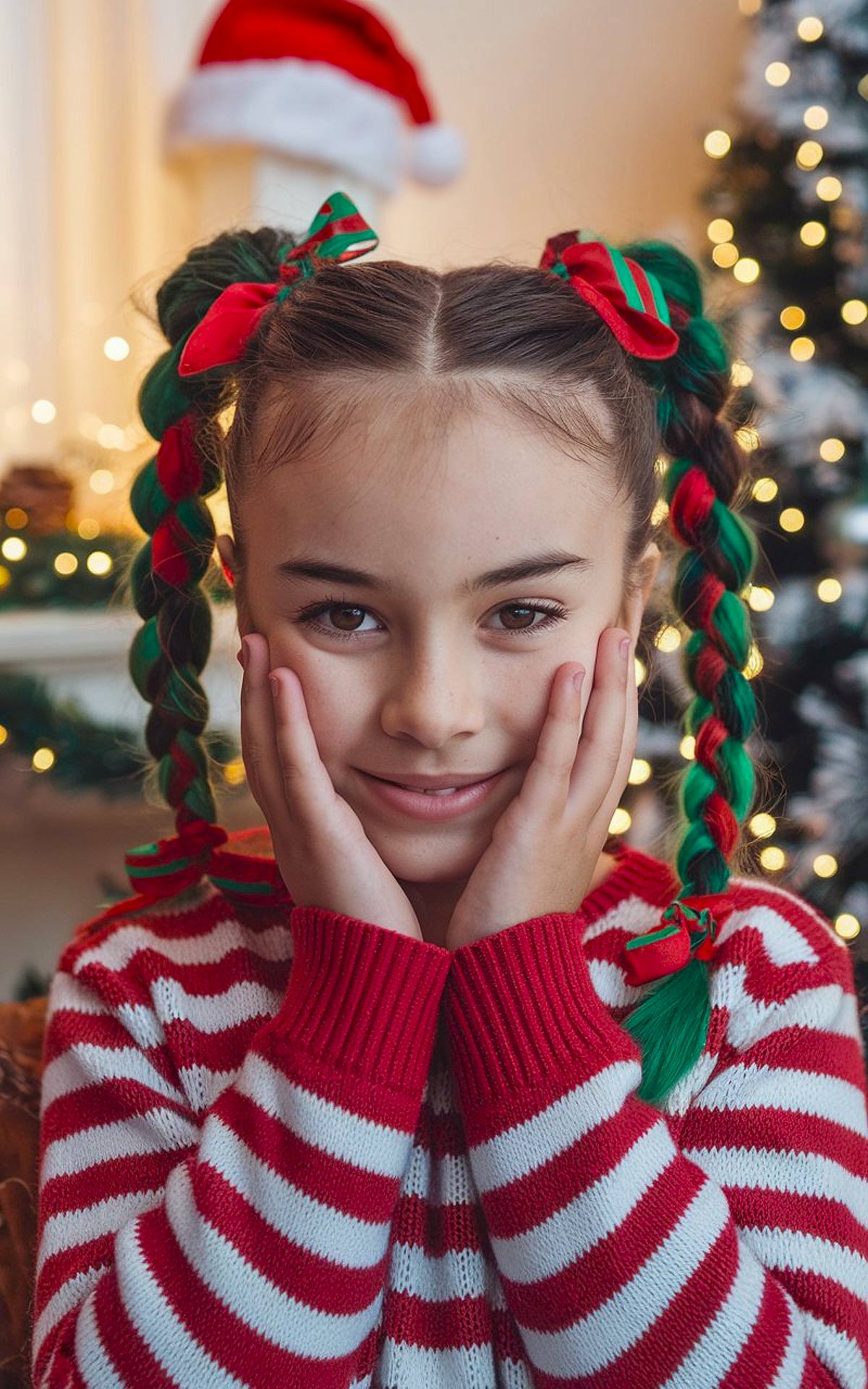 Christmas pigtail braids with red and green ribbons woven through for a festive look