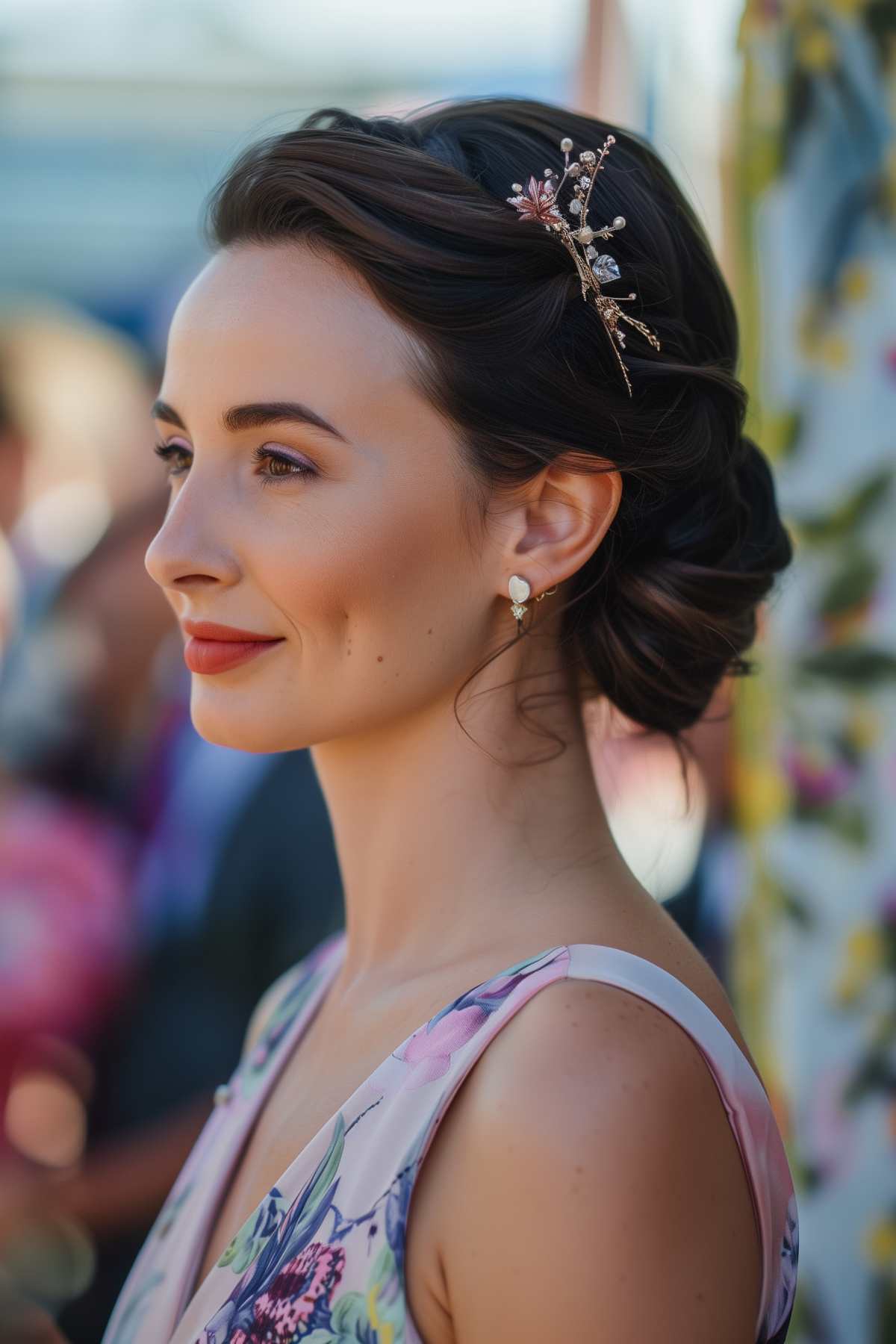 Woman with an easy formal updo featuring textured twists, perfect for formal occasions