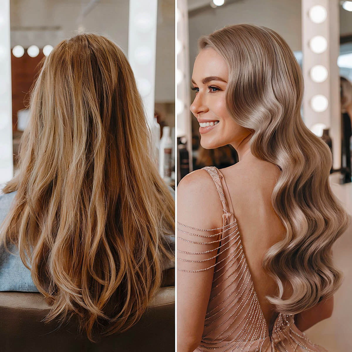 Elegant before-and-after transformation featuring soft, voluminous Hollywood waves with a cool-toned blonde hue