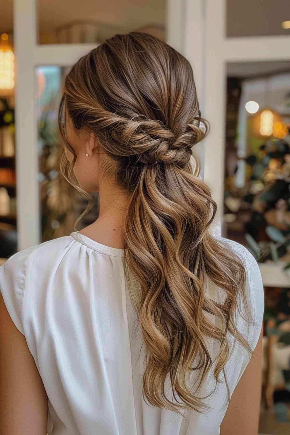 Elegant half-up, half-down easy hairstyle for long hair with natural waves