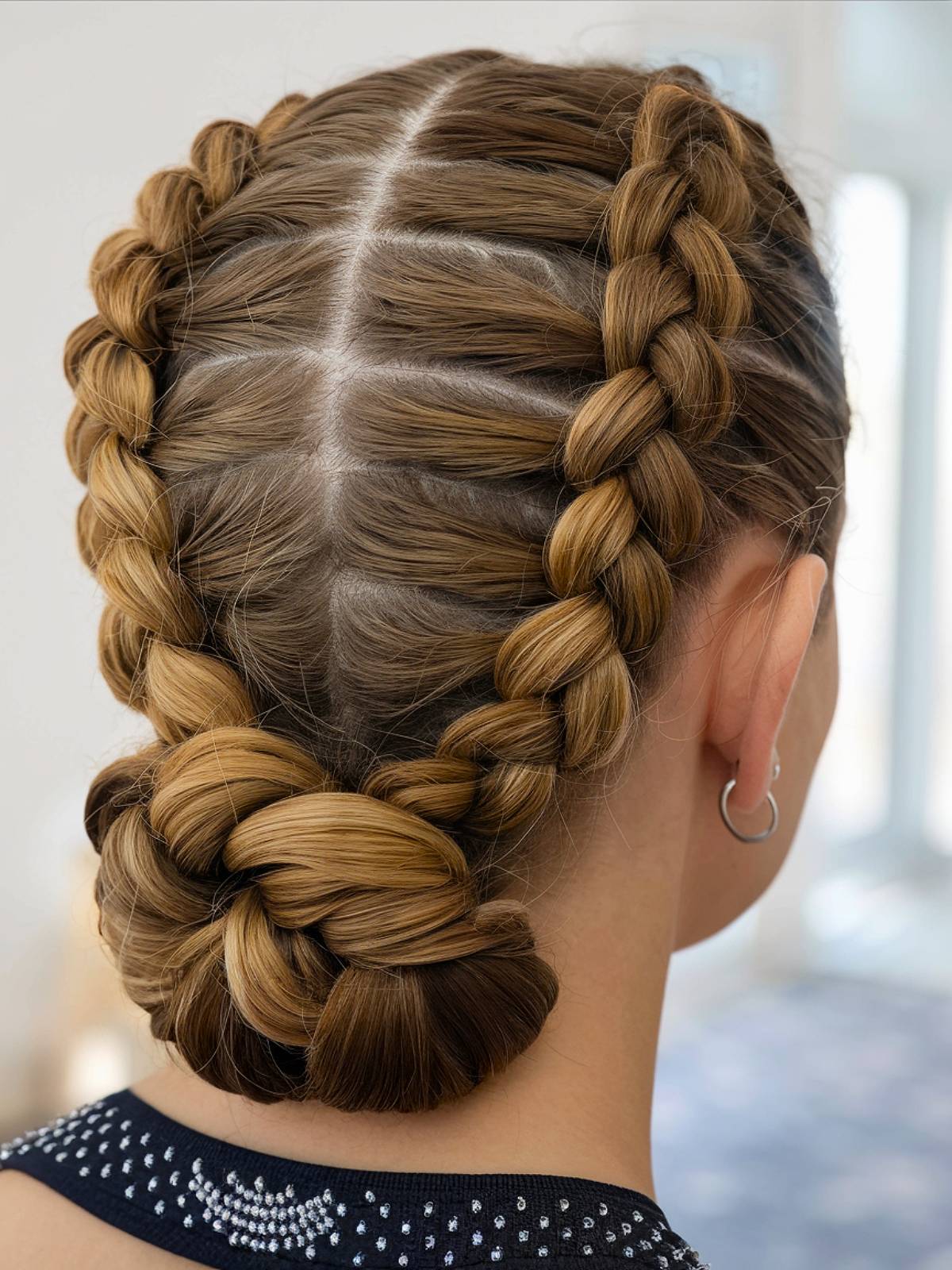 Easy braided hairstyle with secure double Dutch braids ending in a low bun