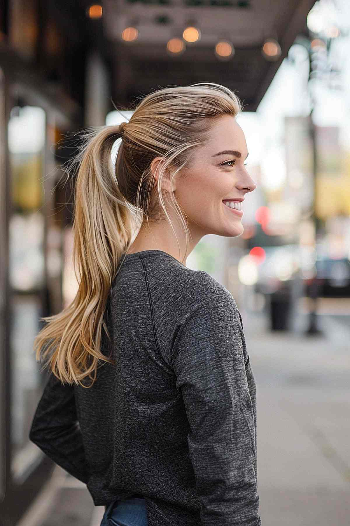 Woman with easy high ponytail, perfect for an on-the-go look