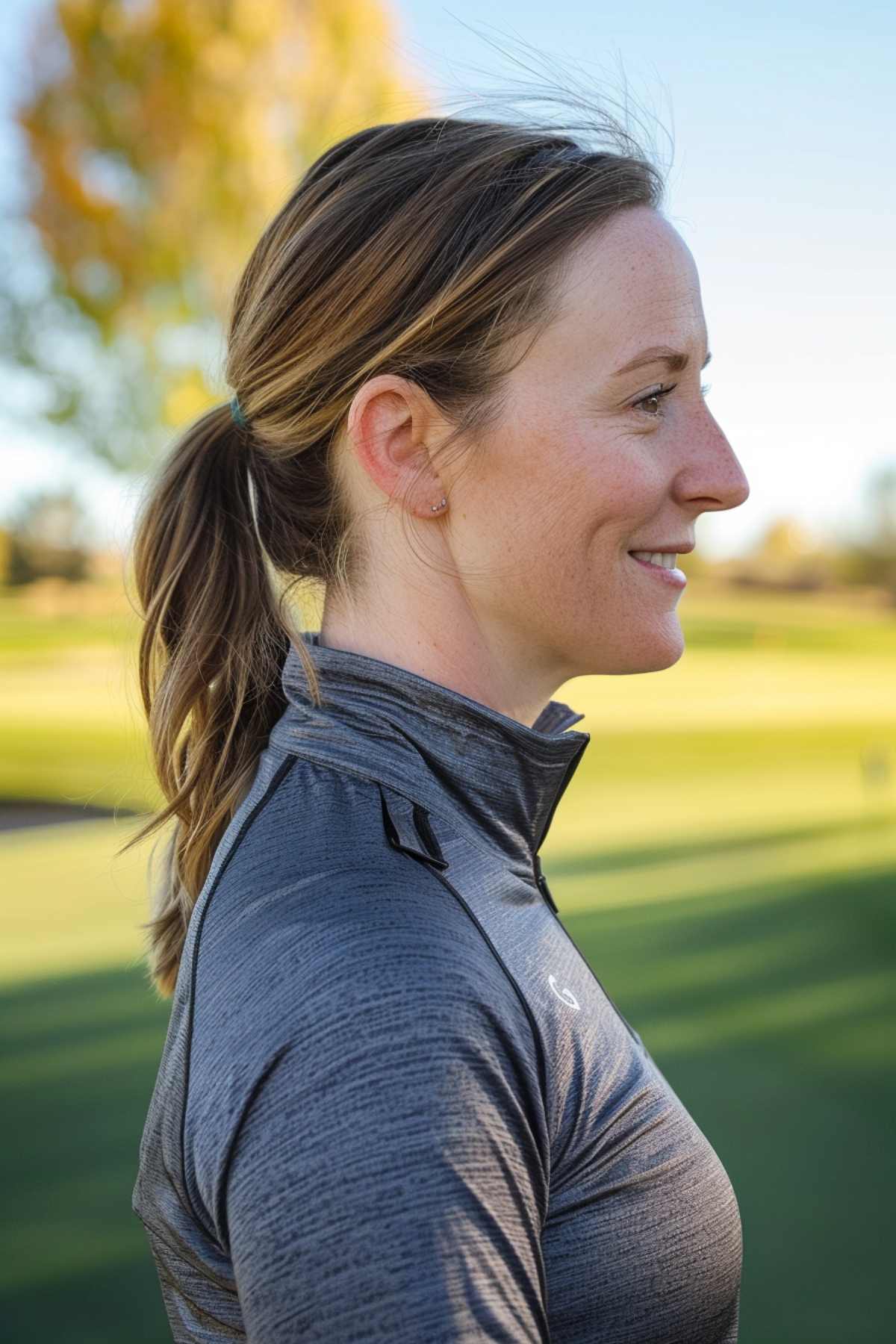 Woman with easy low ponytail, golf hairstyle