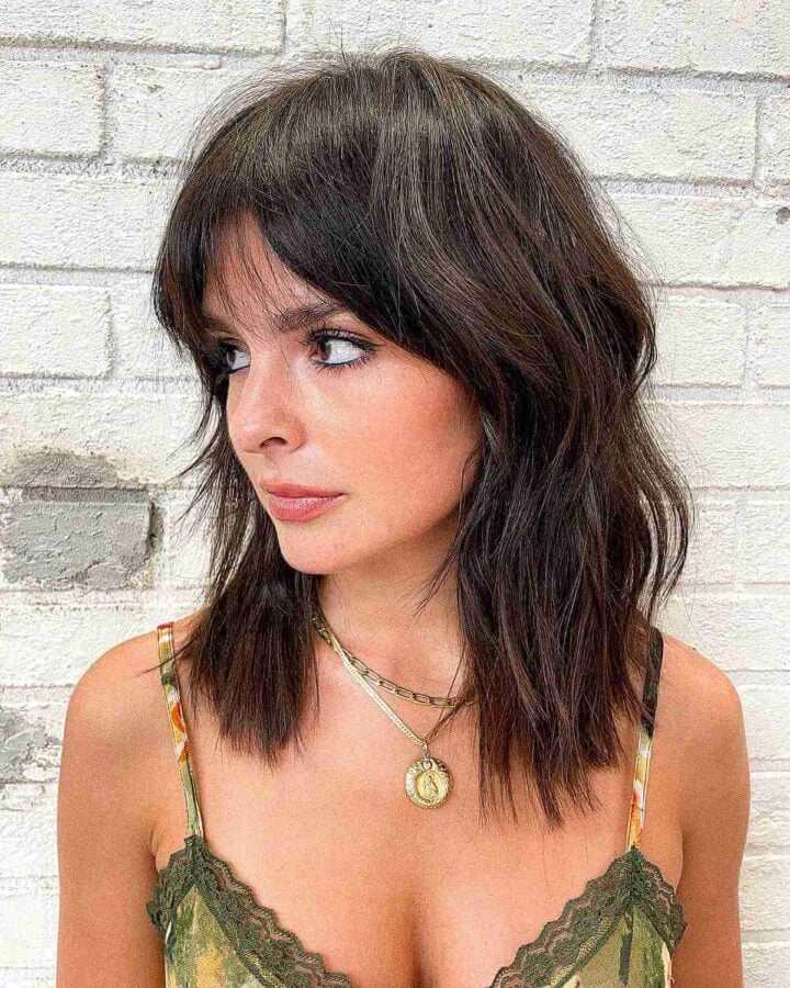 Easy-Maintenance Brunette Shag with Thin Bangs