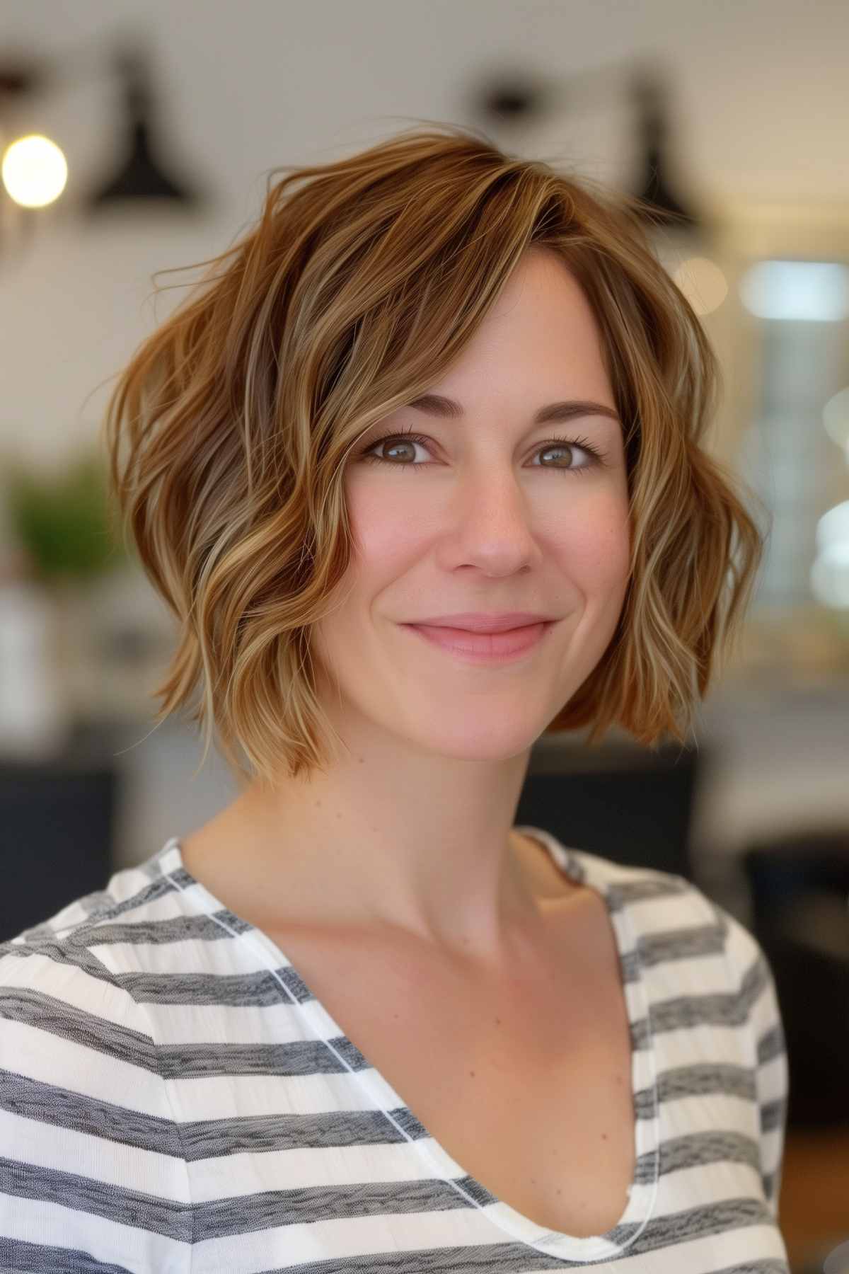 Choppy bob with soft layers and subtle highlights for fine hair