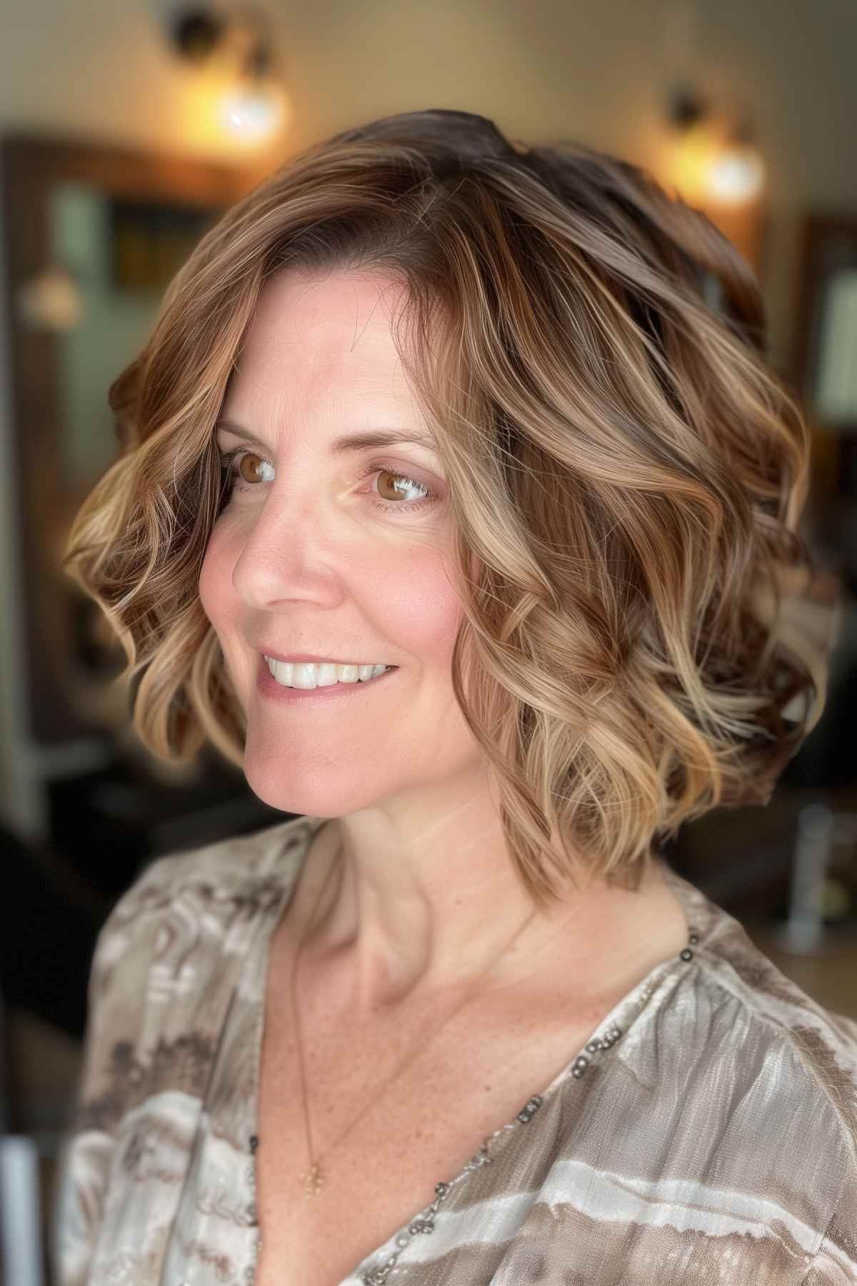 Wavy bob with subtle highlights, ideal for women over 50