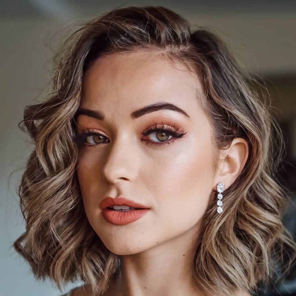 Wavy easy side-swept hairstyle with soft curls on short hair