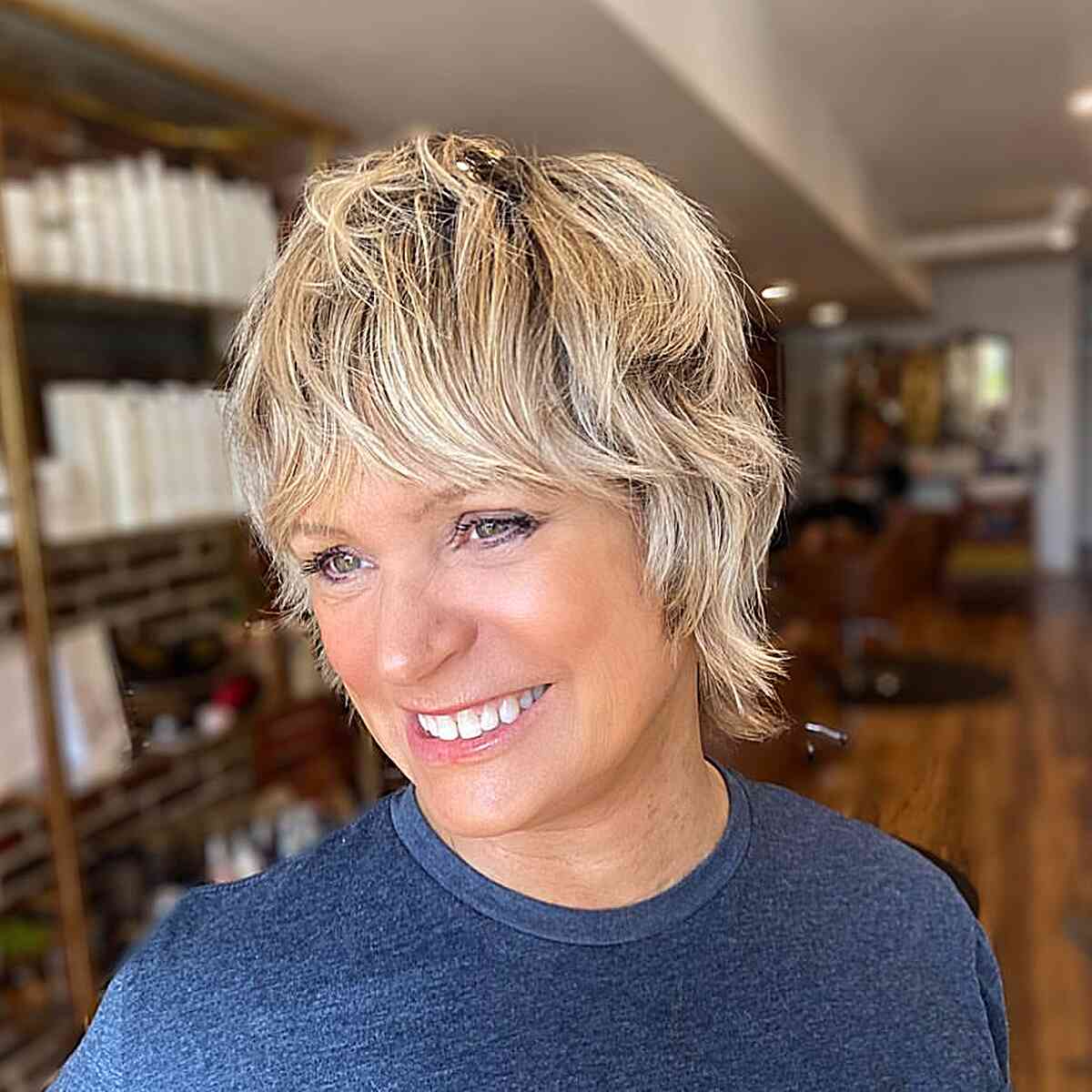 Easy-to-Wear Soft Blonde Baby Shag with Bangs for Mature Women Aged Fifty