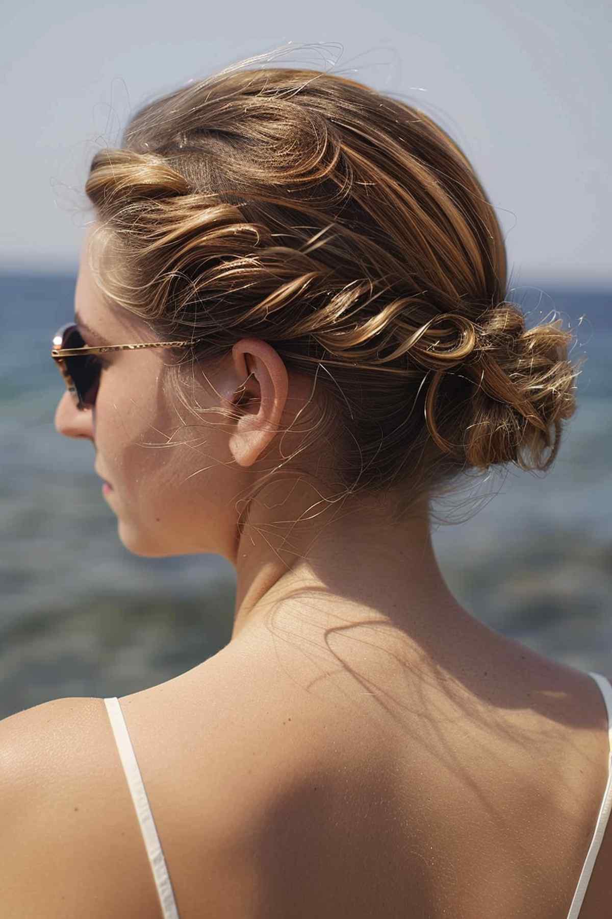 Easy twisted low bun for a beach day with elegant twists