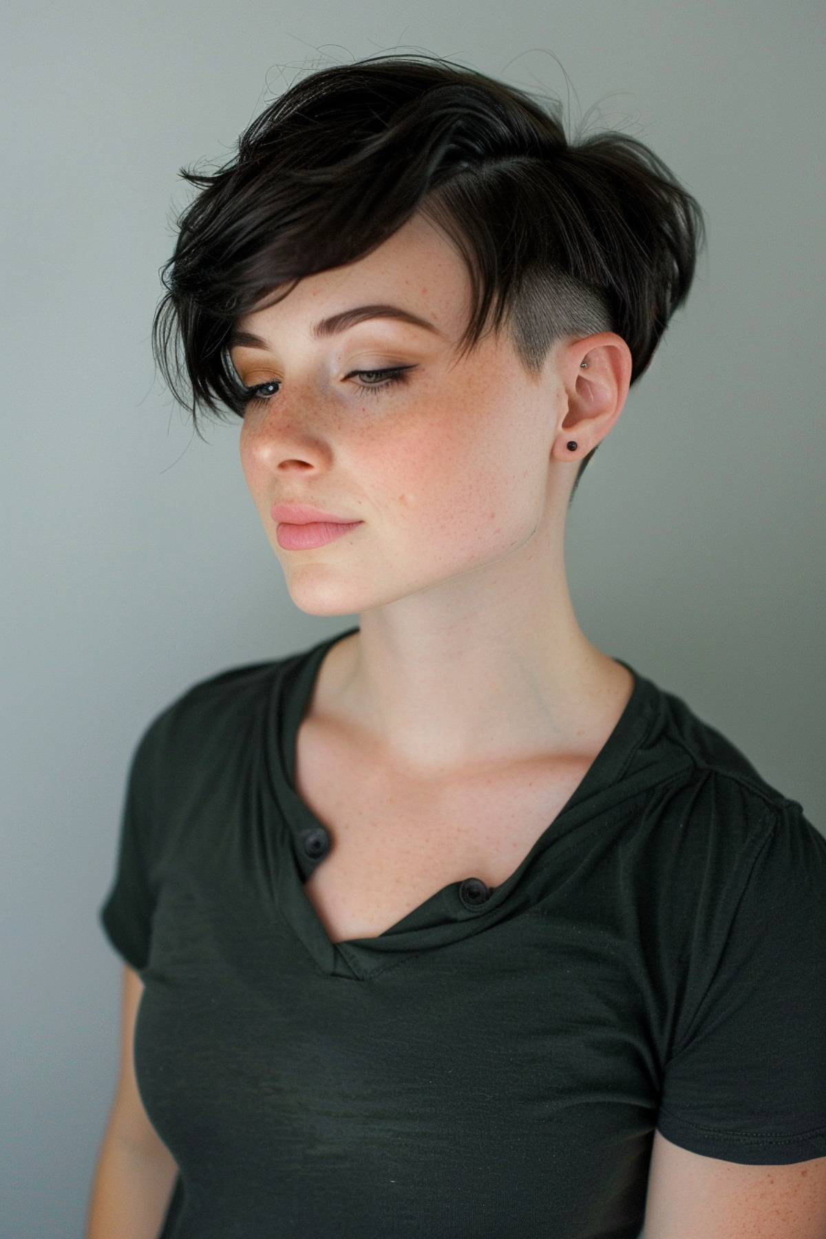 Ecliptic pixie hairstyle with bold shaved sides and soft top layers 