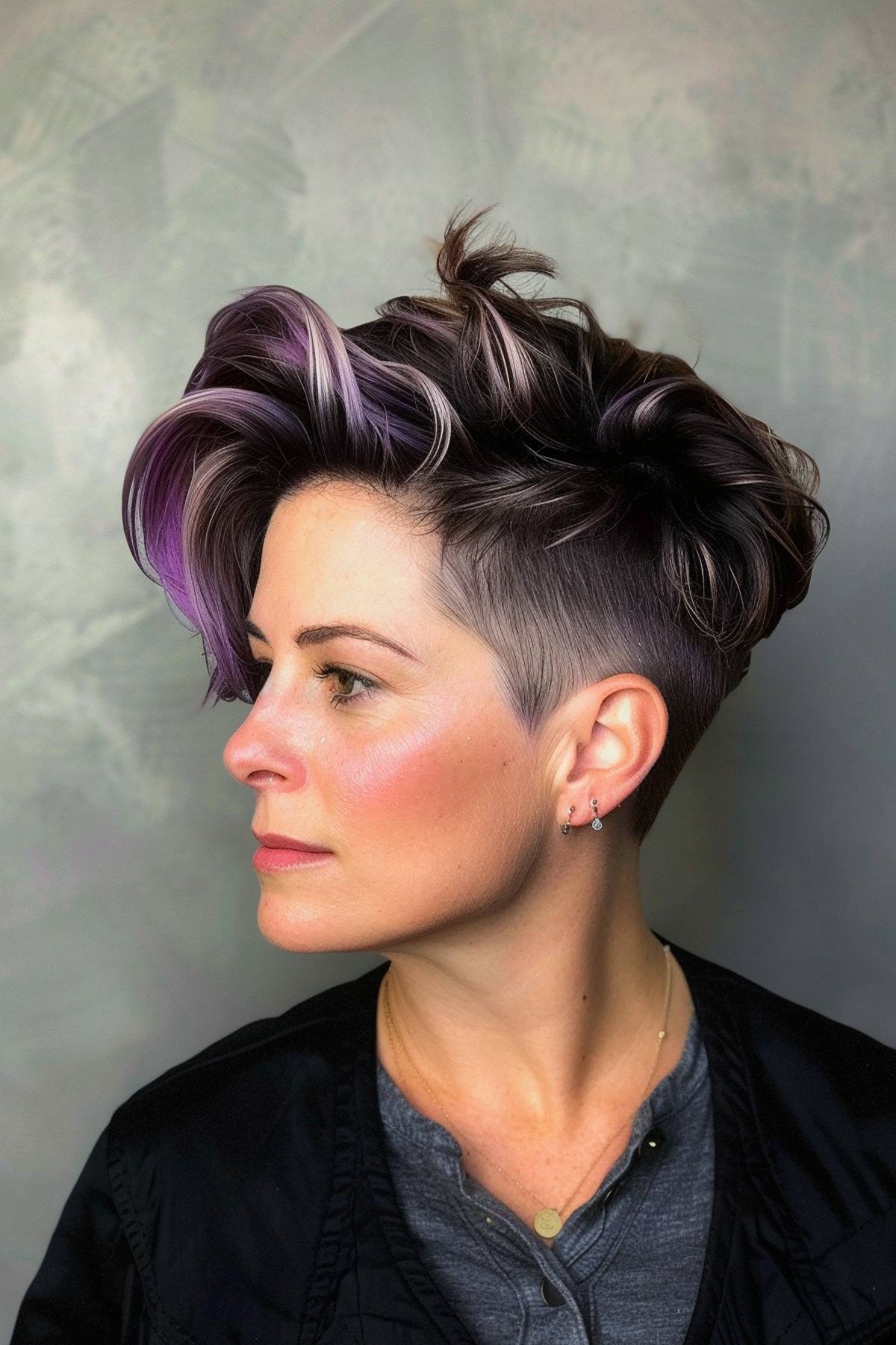 Black and purple wavy pixie haircut with undercut