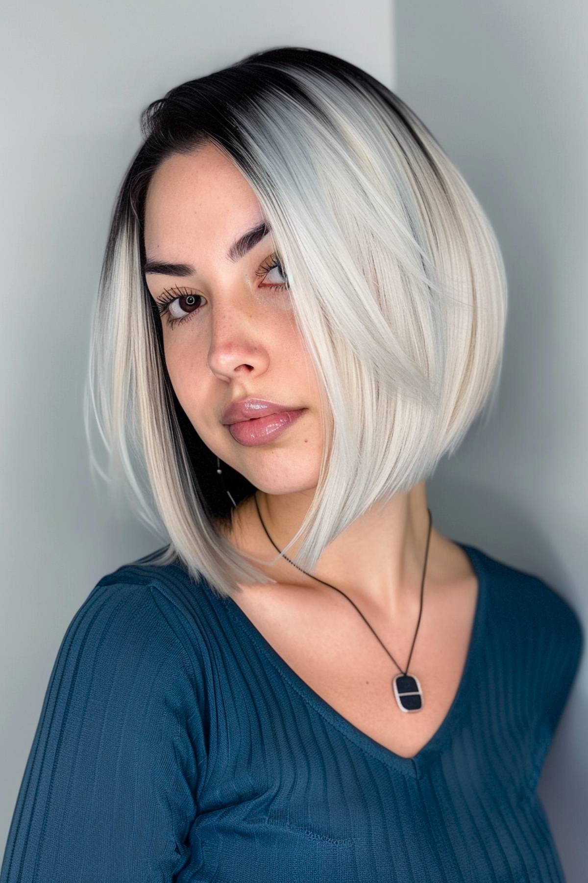 Below-the-jaw Ecliptica haircut featuring smooth dark roots and ash-blonde tones