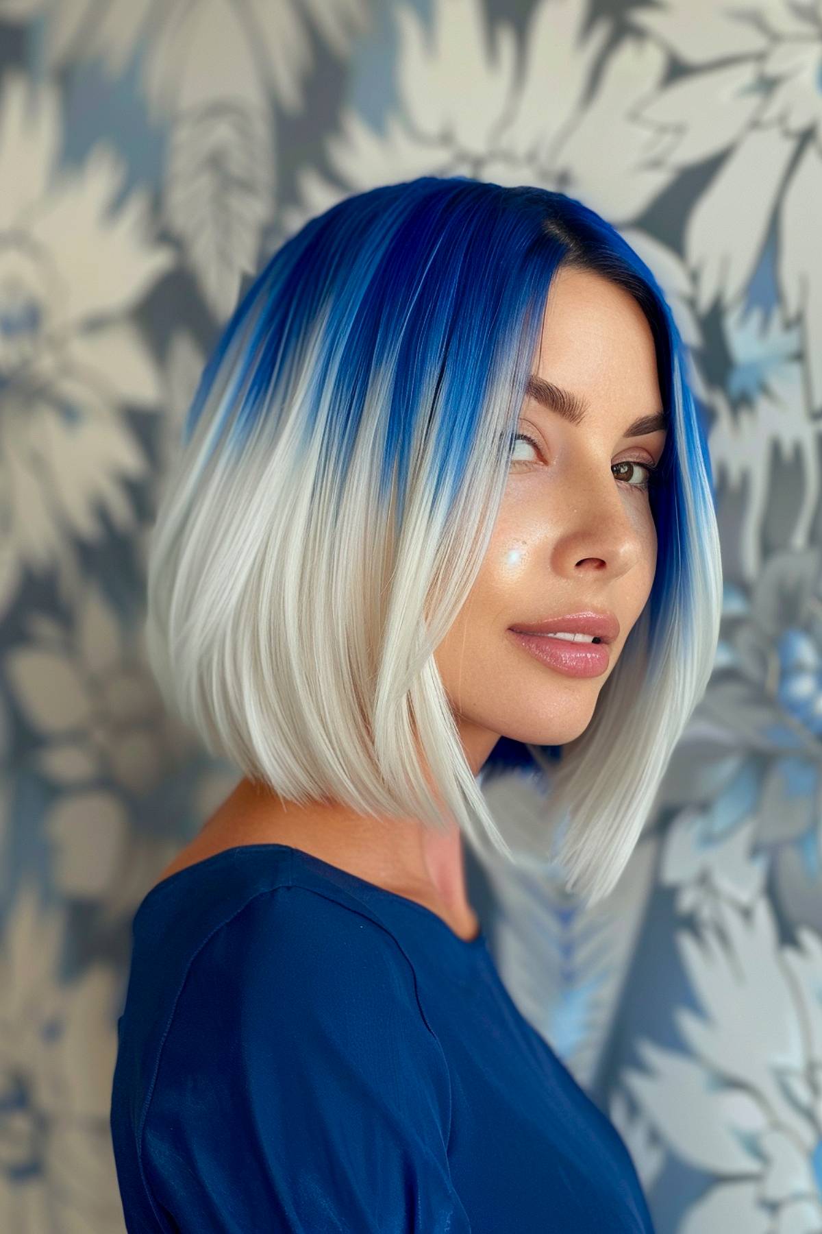 Ecliptique haircut with cobalt blue roots and icy platinum ends