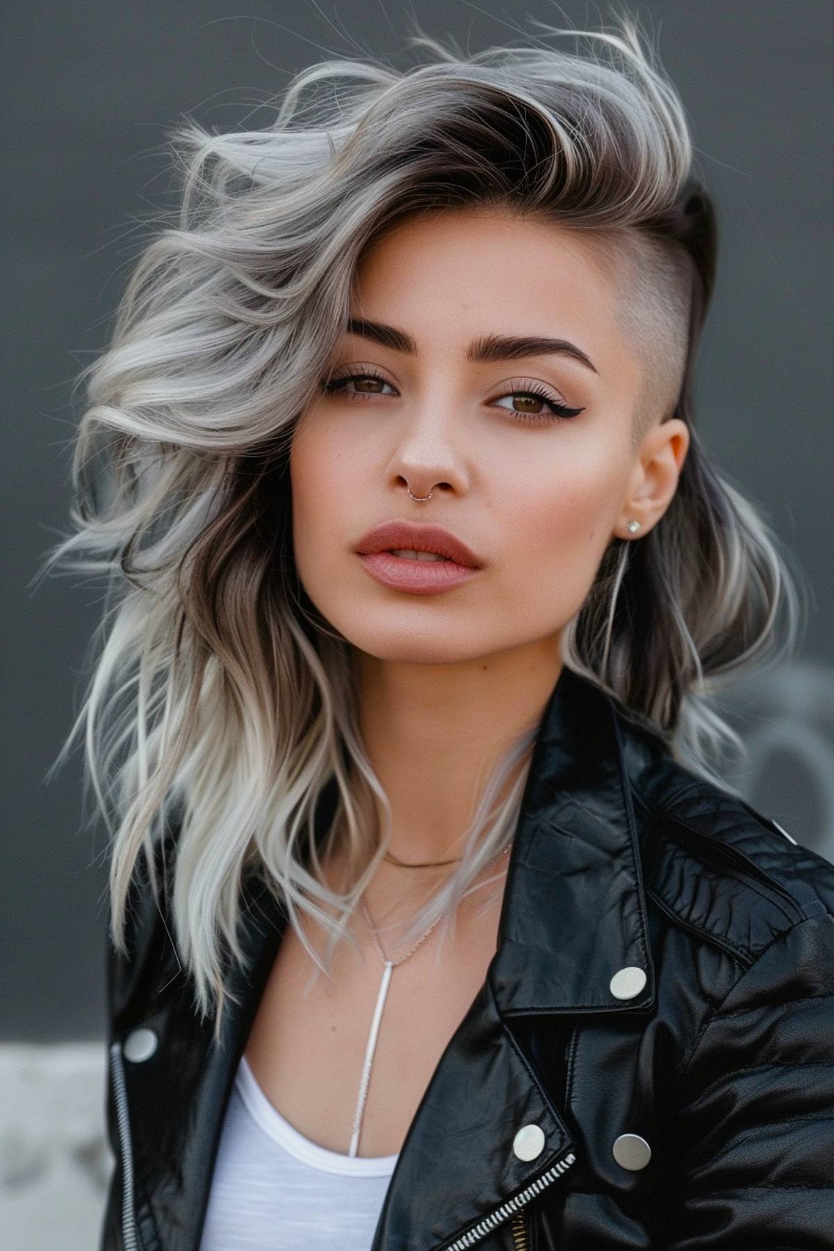 Asymmetrical undercut with silver balayage waves