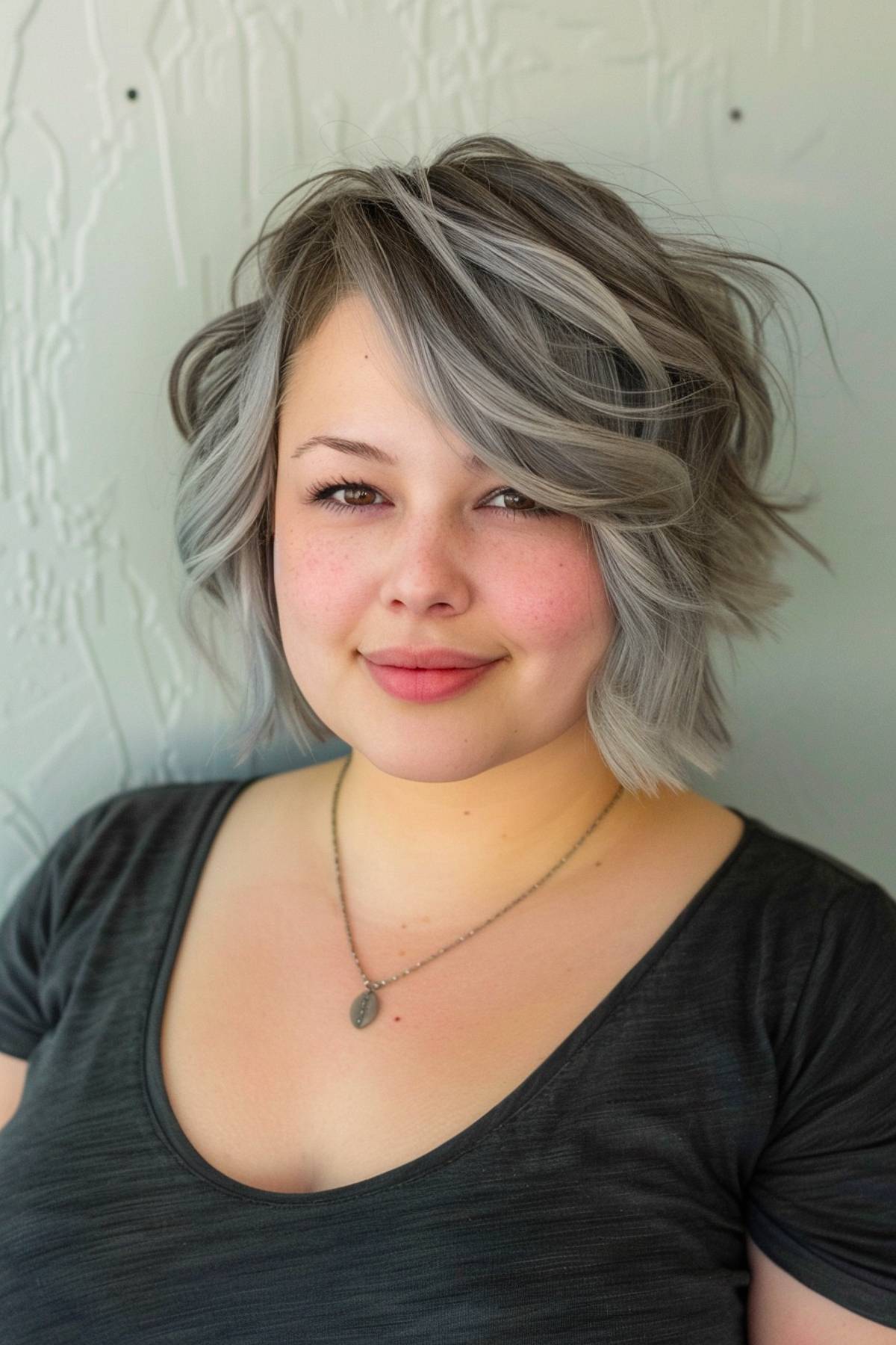 Edgeflow Cut – choppy layered cut with gray tones for round faces