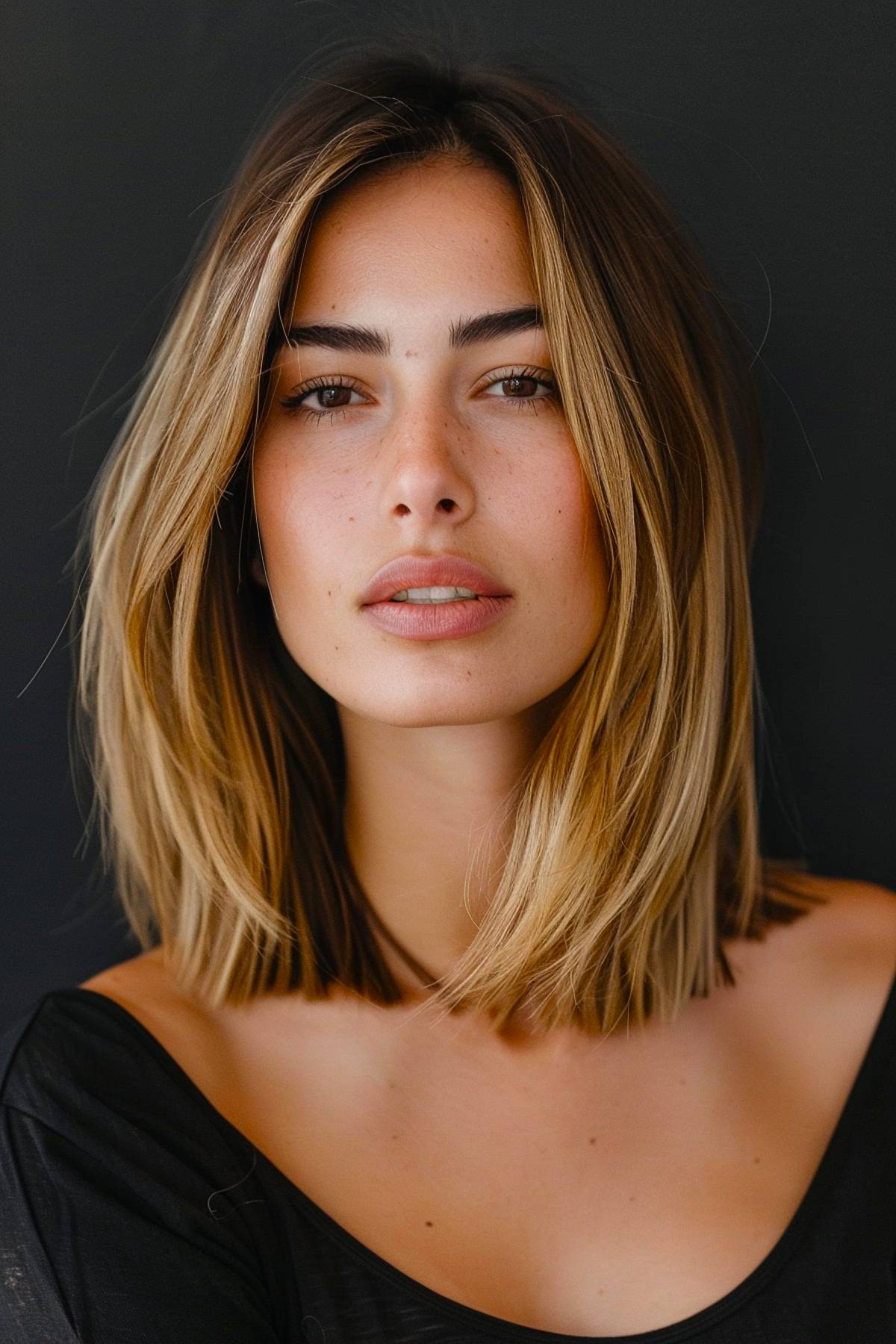 Medium-length haircut with blunt ends and sweeping layers