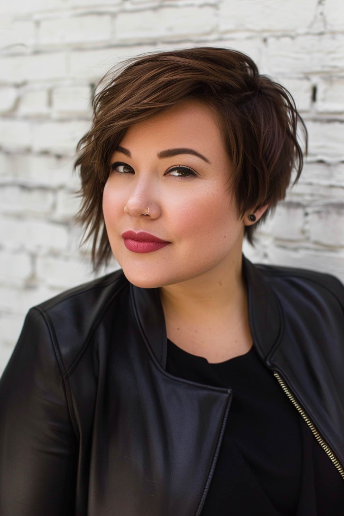 Edgy asymmetrical pixie cut with side-swept bangs on a woman