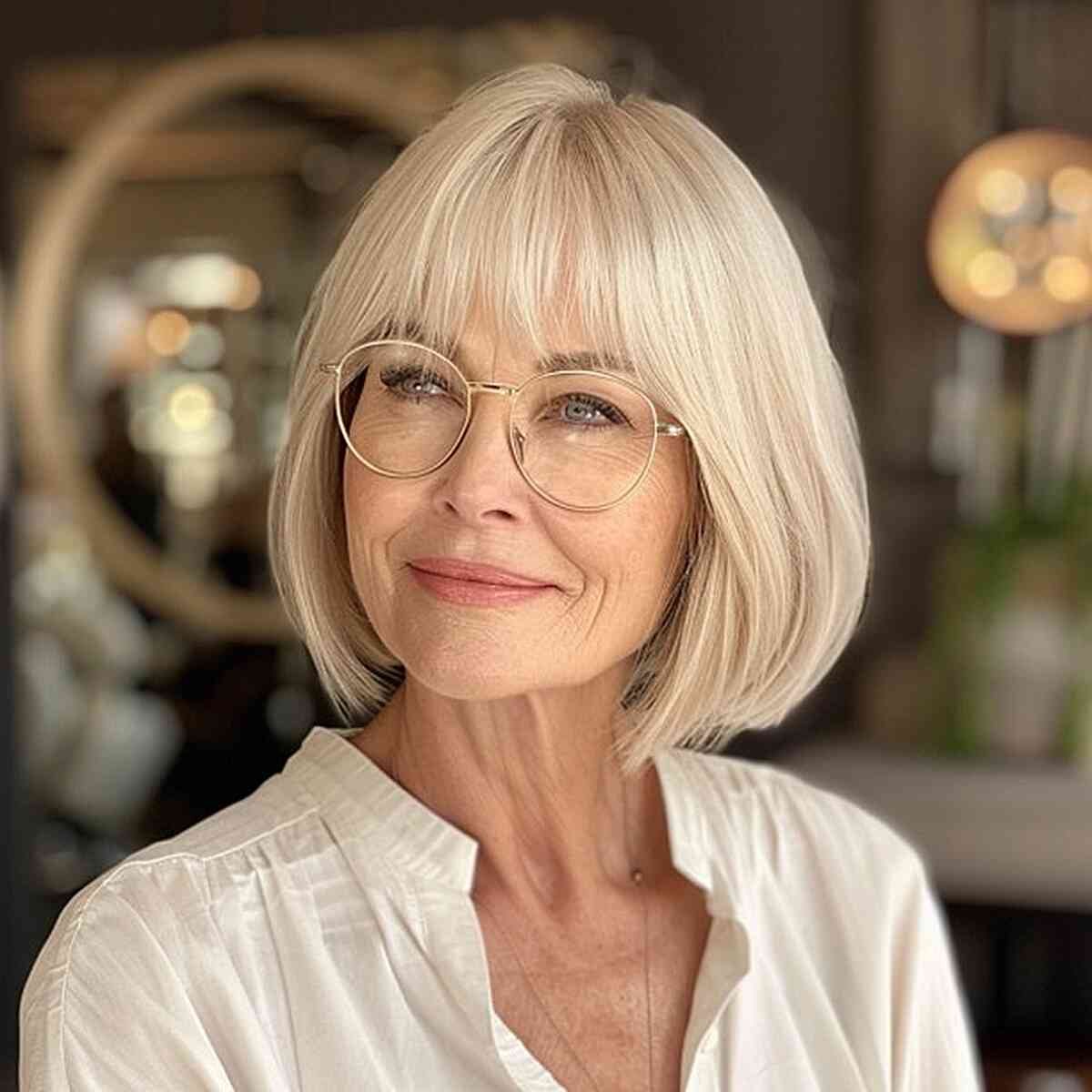 Edgy Chin-Length Blunt Cut for Women Over 60 with Blonde Hair