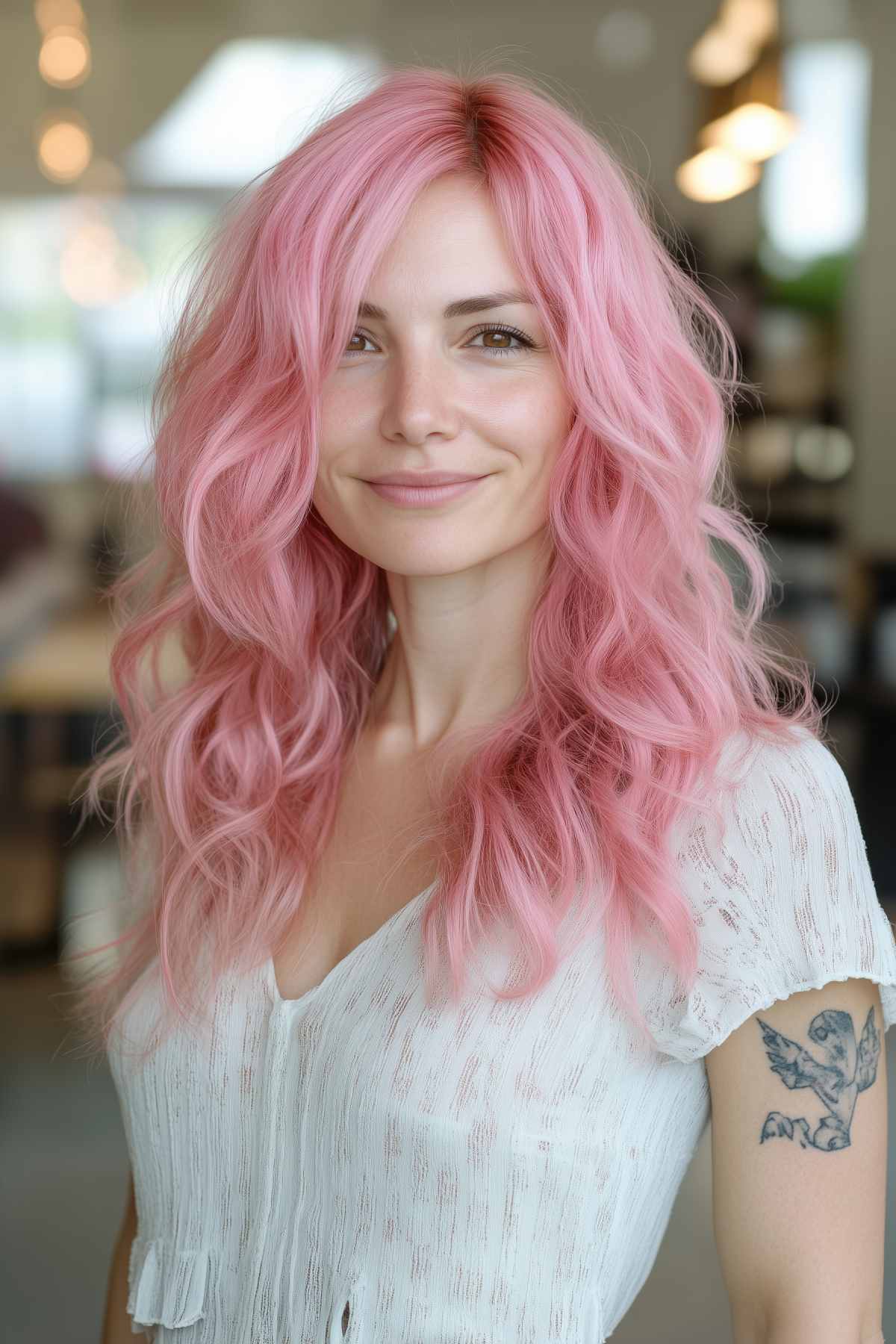 Long layered curly hair with bold pink color, adding volume and movement