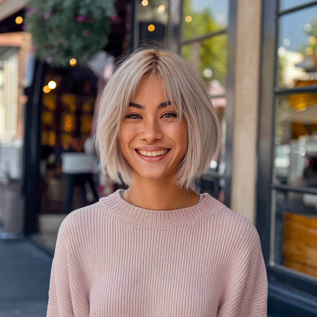 Short platinum bob with edgy, choppy curtain bangs, styled with natural texture for a modern look