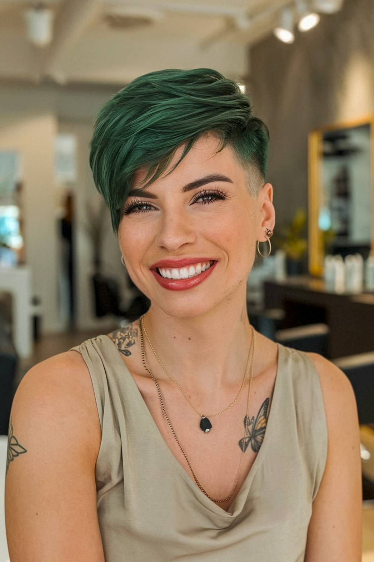 Dark green pixie cut with an undercut and long side-swept bangs for an edgy, bold look